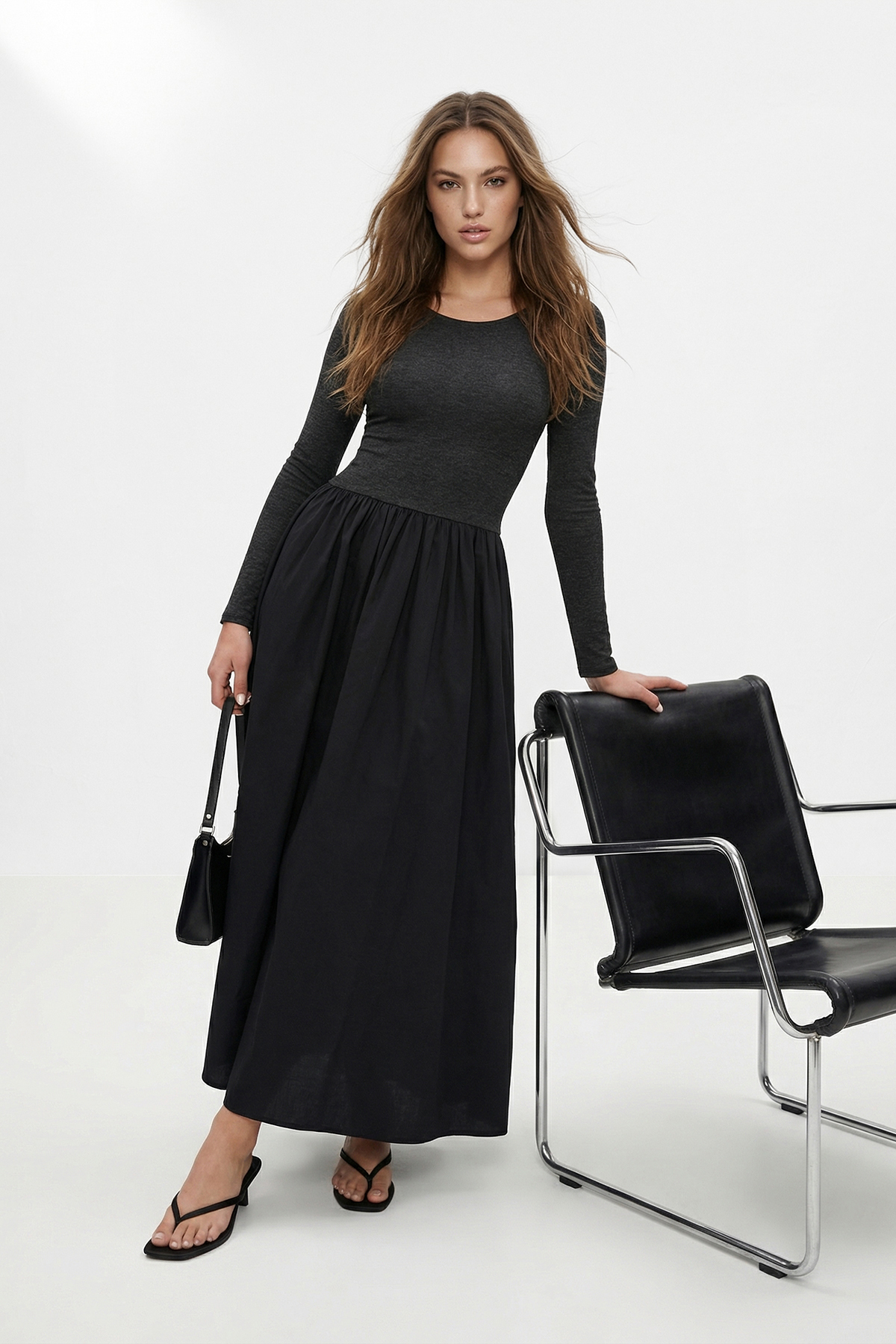 Trendyolmilla Siyah Uzun Kol Maxi Dokuma-Örme Mix Elbise TWOSS26EL00707