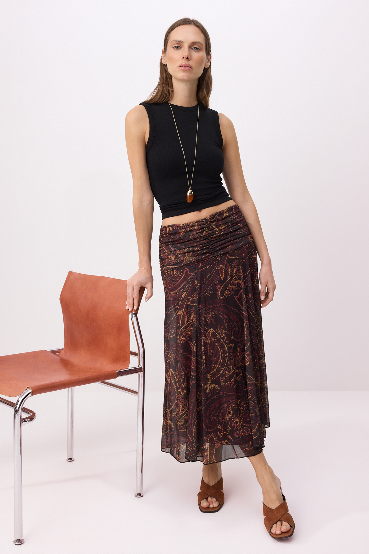 Trendyolmilla  Çok Renkli Maxi Büzgü/Drape Detaylı Boho/Boho Chic Basklılı Tül Esnek Örme Etek TWOAW26ET00122