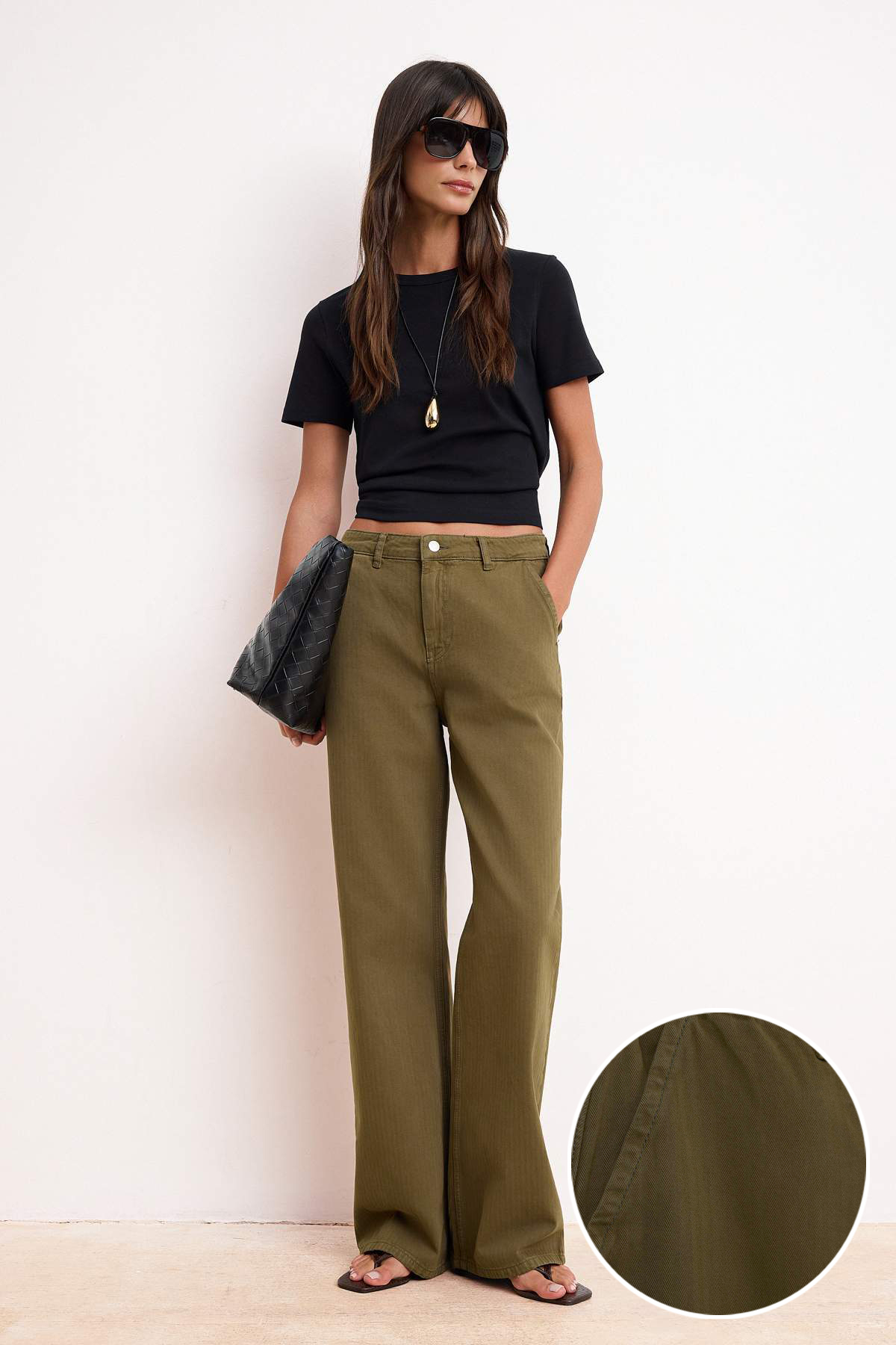 Trendyolmilla  Haki DÖKÜMLÜ Yüksek Bel %100 Pamuk Wide Leg Jeans TWOSS26JE00014