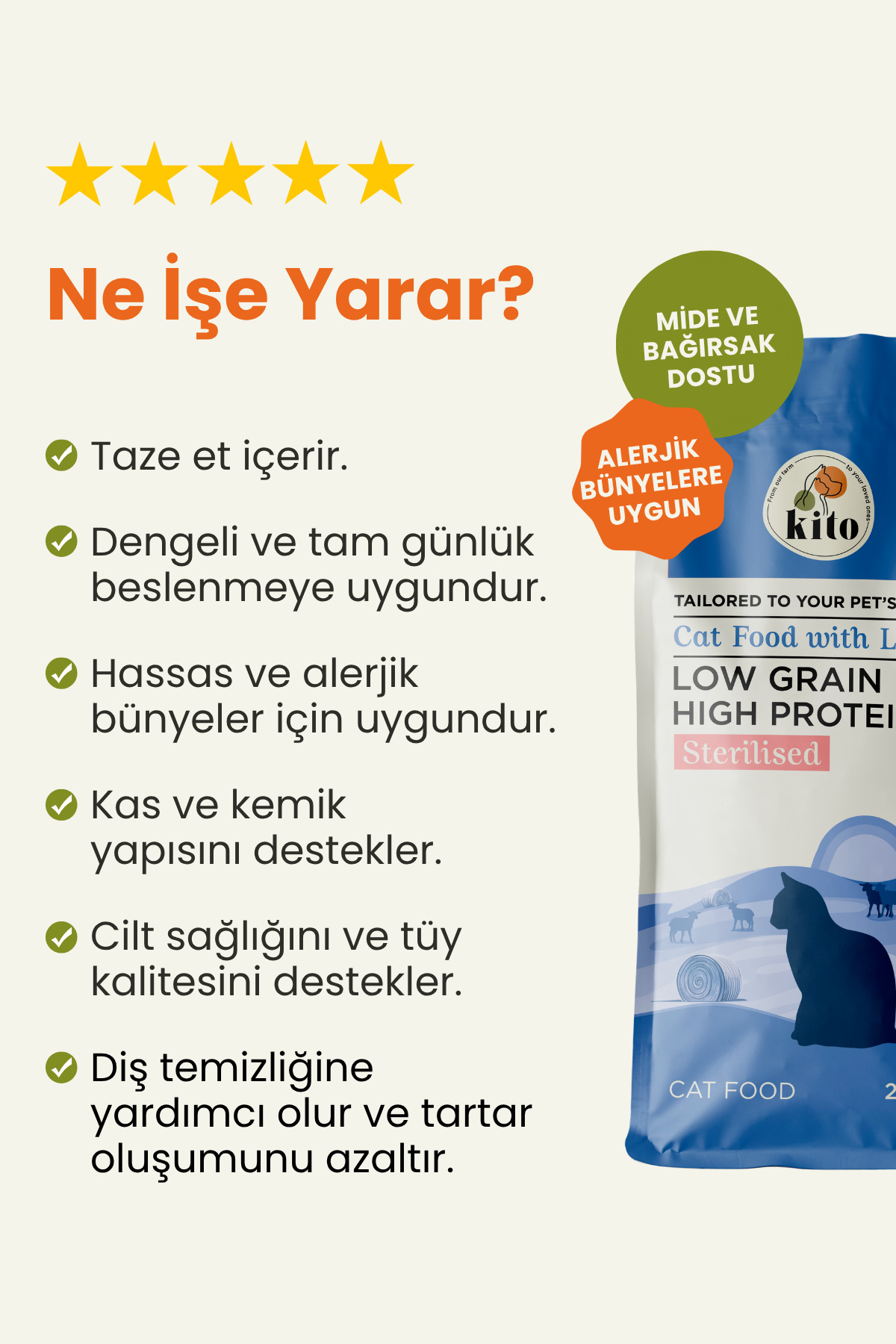 kito Doğal Besi Kuzu Etli Kısır Kedi Maması 2 Kg (SÜPER PREMİUM MAMA)