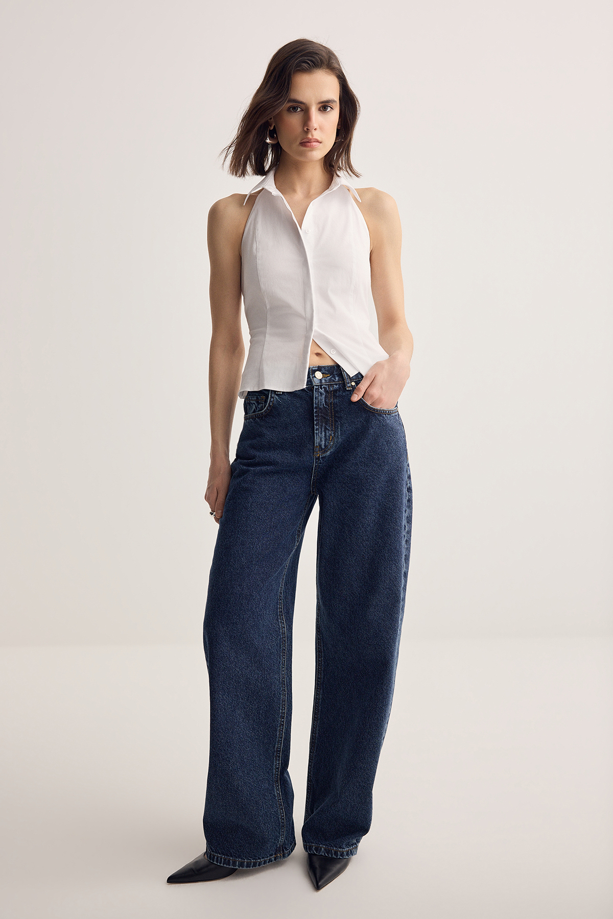 Trendyolmilla  Koyu Mavi Orta Bel Baggy %100 Pamuk Jeans TWOSS26JE00220