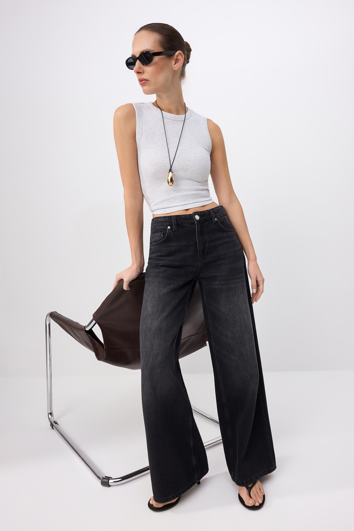 Trendyolmilla  Premium Siyah More Sustainable DÖKÜMLÜ Yüksek Bel %100 Pamuk Wide Leg Jeans TWOSS26JE00136