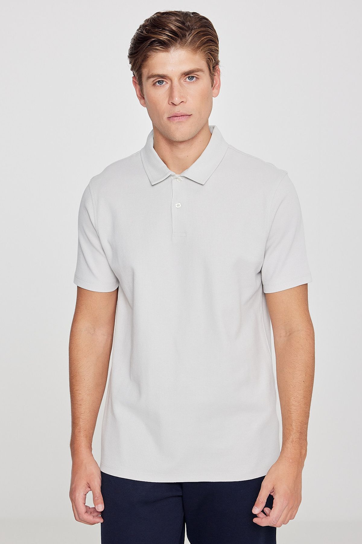 Men's Gray 100% Cotton Trendy Seasonal Ribbed T-Shirt Slim Fit Polo Neck