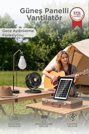 Torima Güneş Panelli Vantilatör Şarjlı Ampüllü 5 Kademeli Taşınabilir Ayarlan...