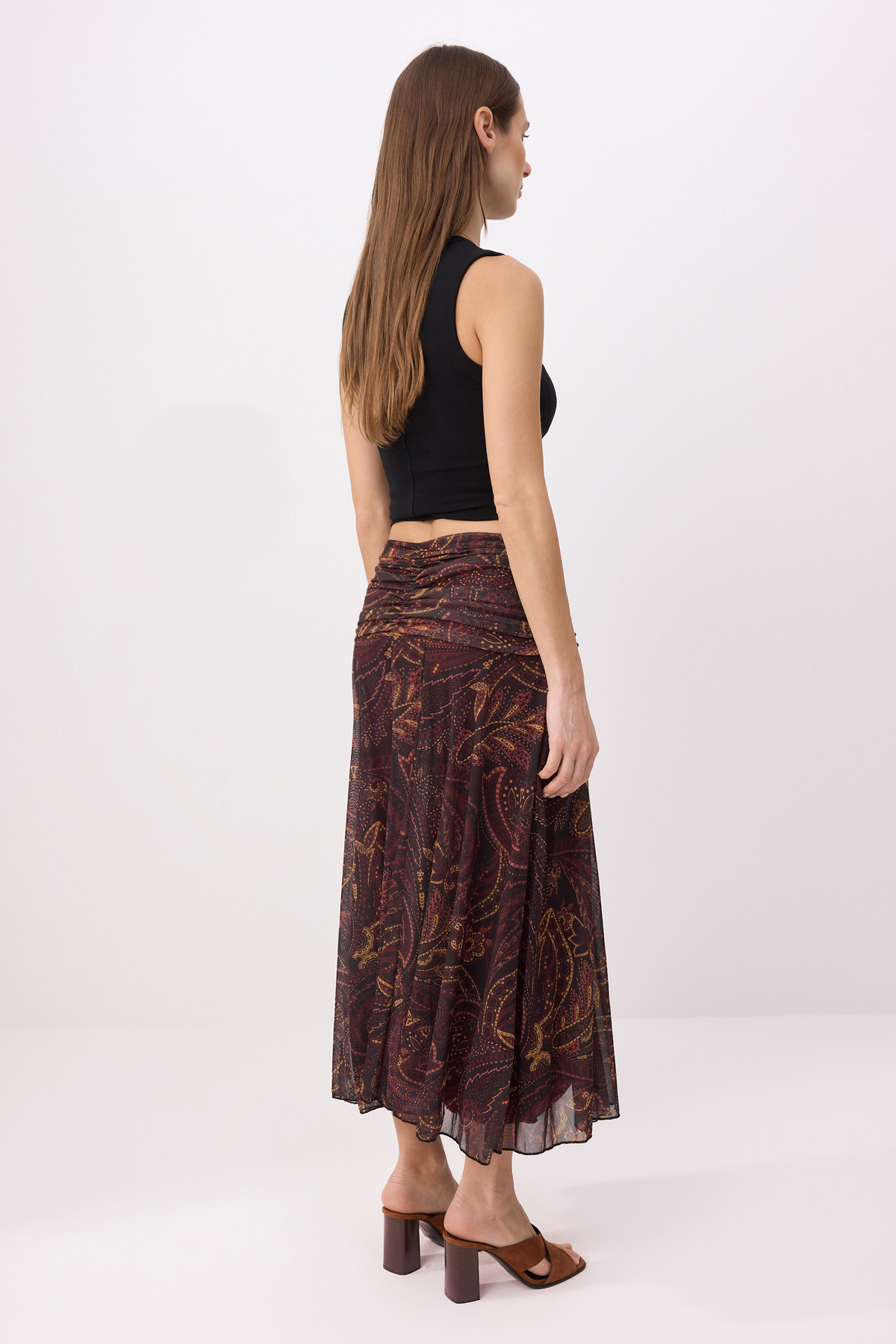 Trendyolmilla  Çok Renkli Maxi Büzgü/Drape Detaylı Boho/Boho Chic Basklılı Tül Esnek Örme Etek TWOAW26ET00122 - Görsel 5