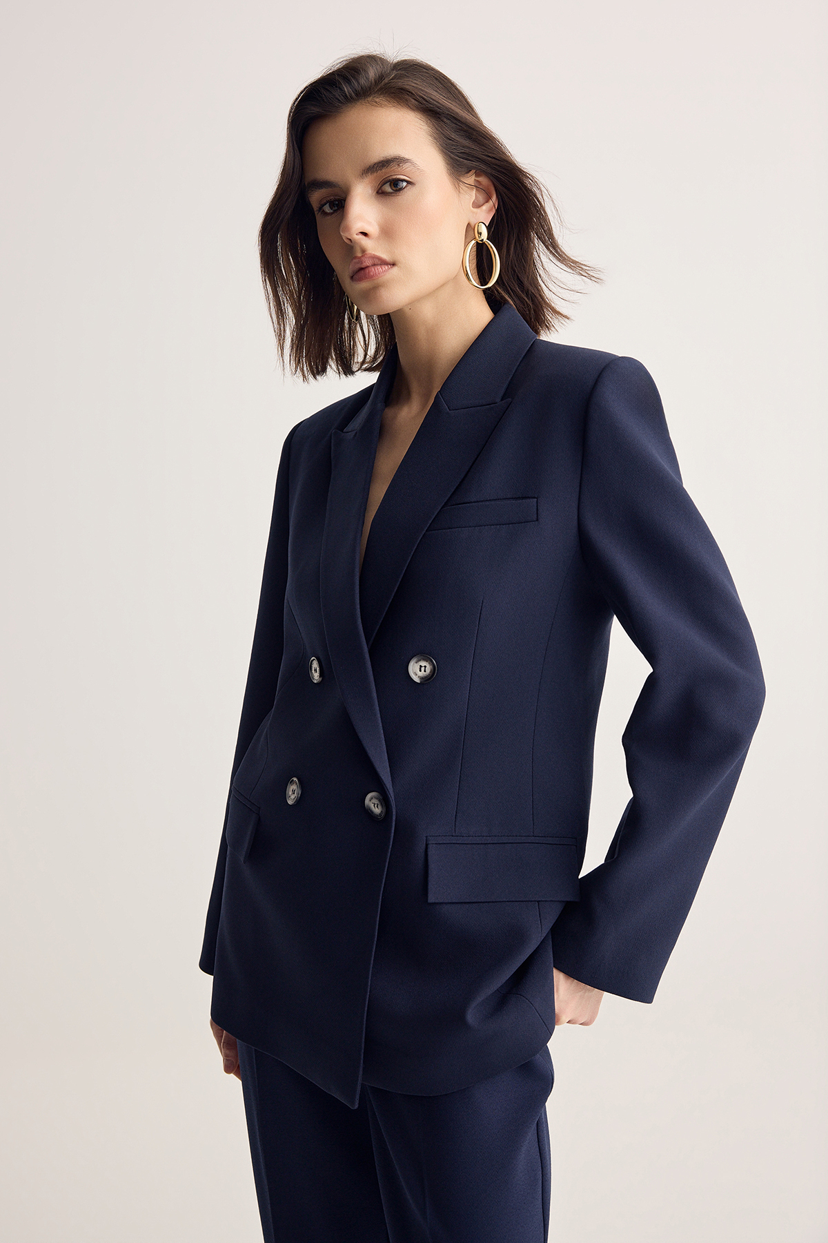 Muse for all x Trendyolmilla Lacivert Kruvaze Vatkalı Blazer Ceket TWOSS26BC00034