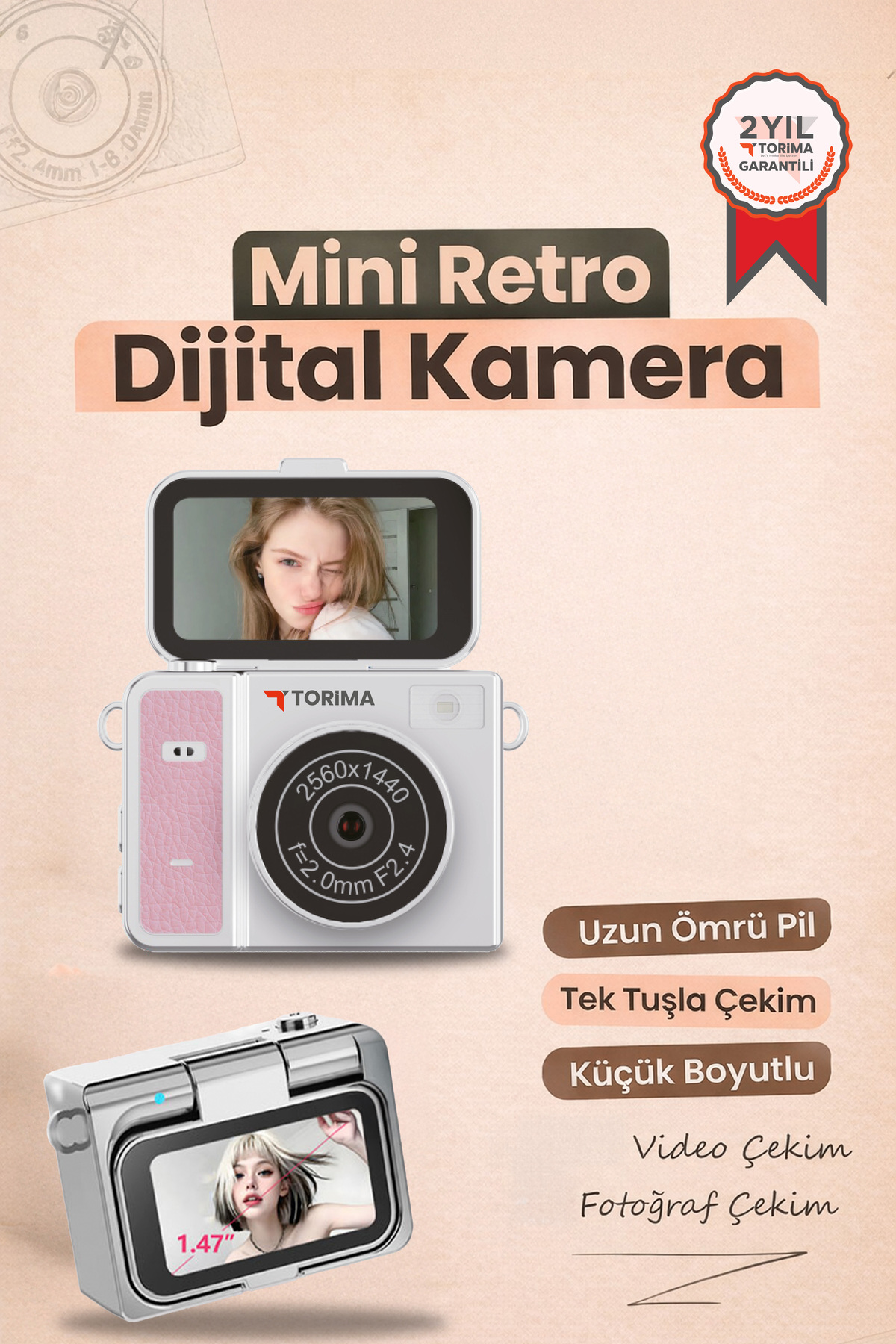 Mini Digital Camera Video Camera CMR46 with 2K Flip Screen Pink