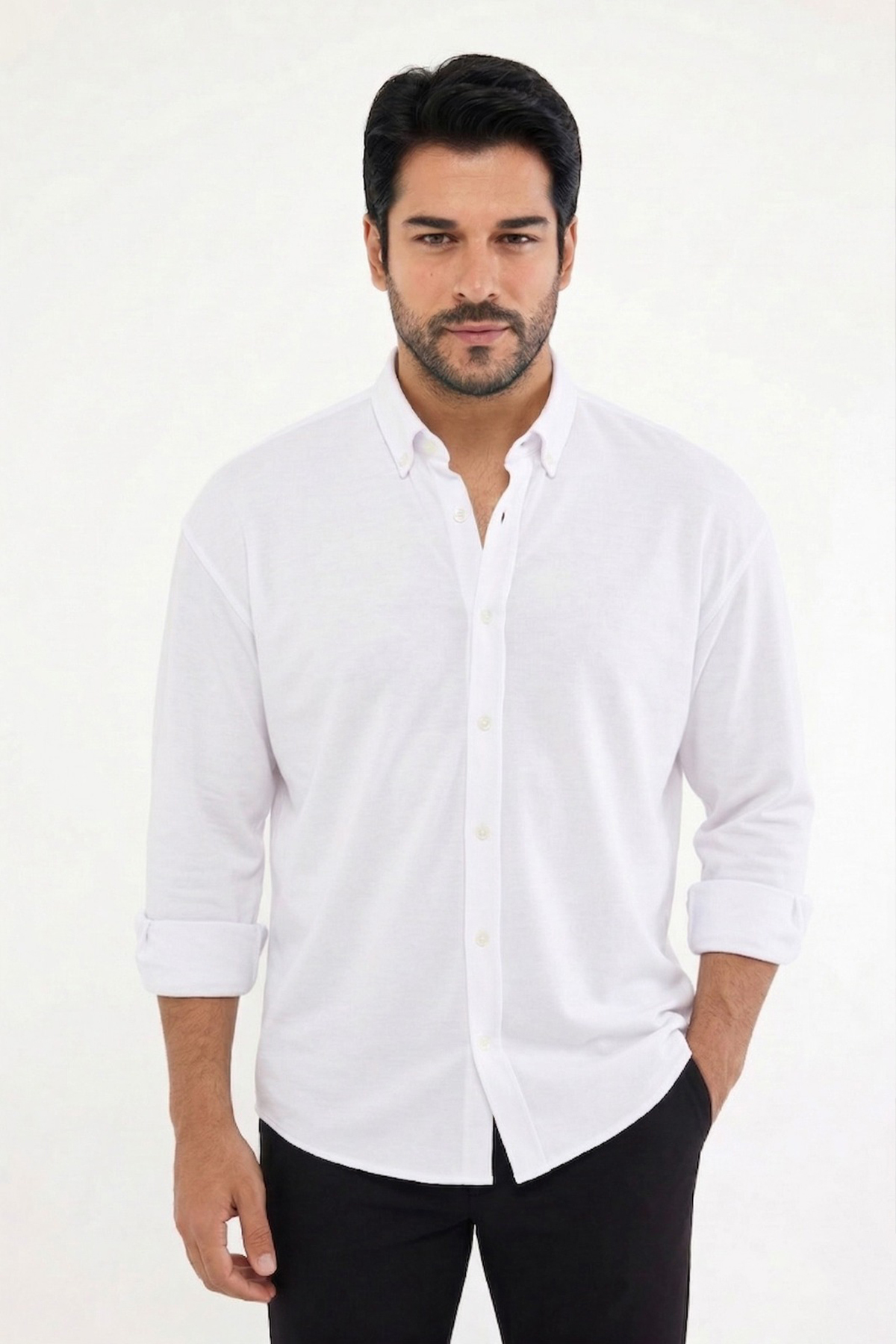 Men's White Breathable Stretchy Cotton Tailored Slim Fit Buttoned Neck Knitted Shirt