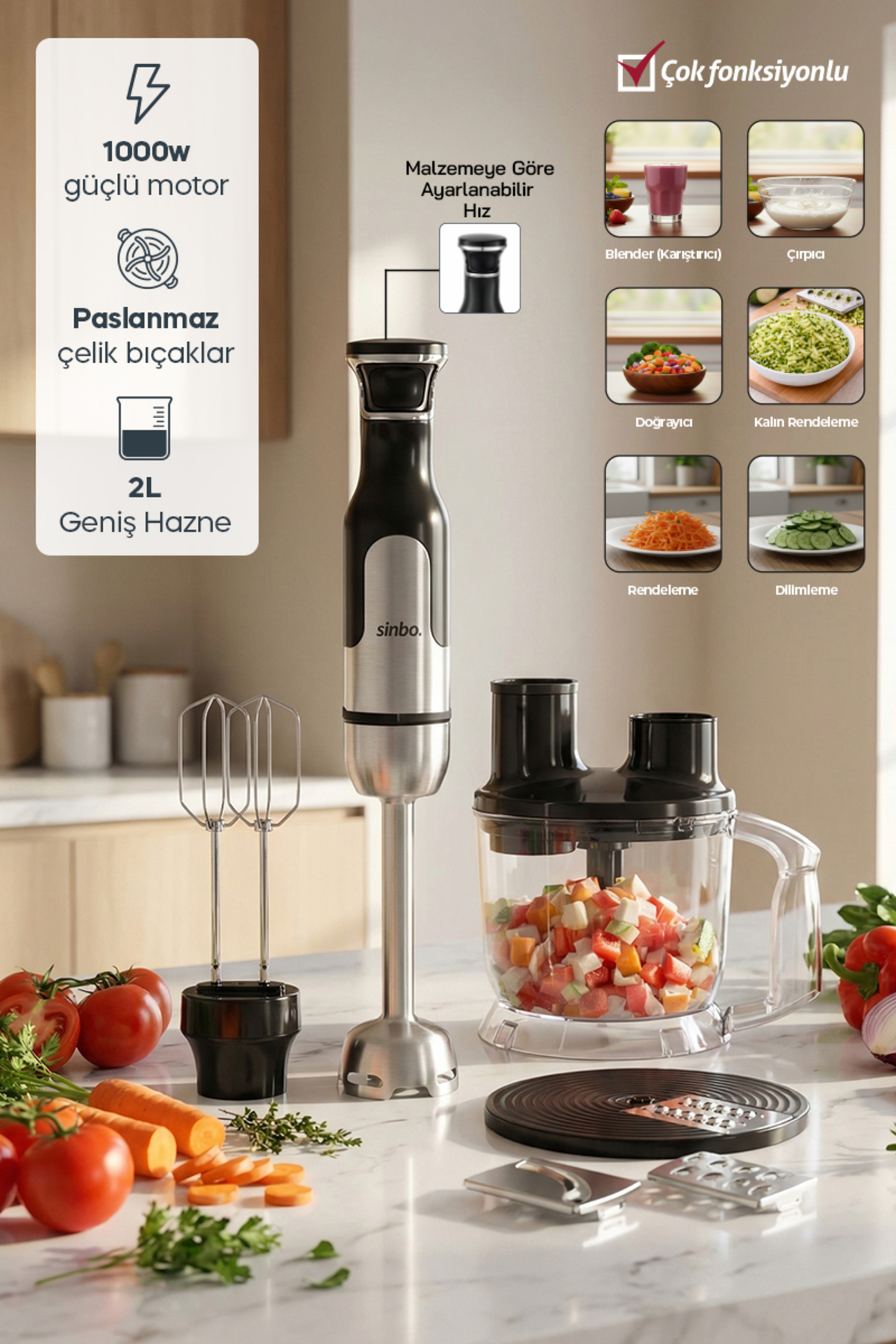 Sinbo SHB-7534 Çok Fonksiyonlu El Blender Seti | Doğrayıcı, Çırpıcı ve Rende Aparatlı