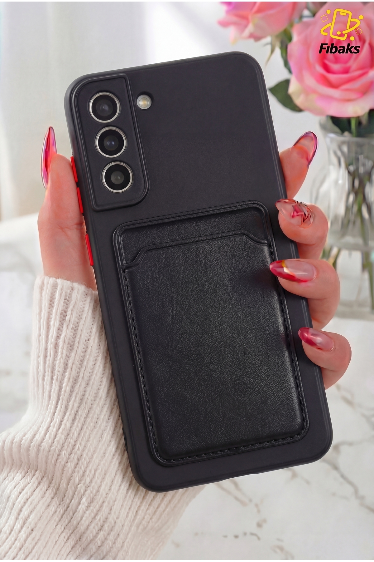 Galaxy S21 Fe Case Black Silicone Cover with Red Keys and Wallet with Camera Protected Card Holder