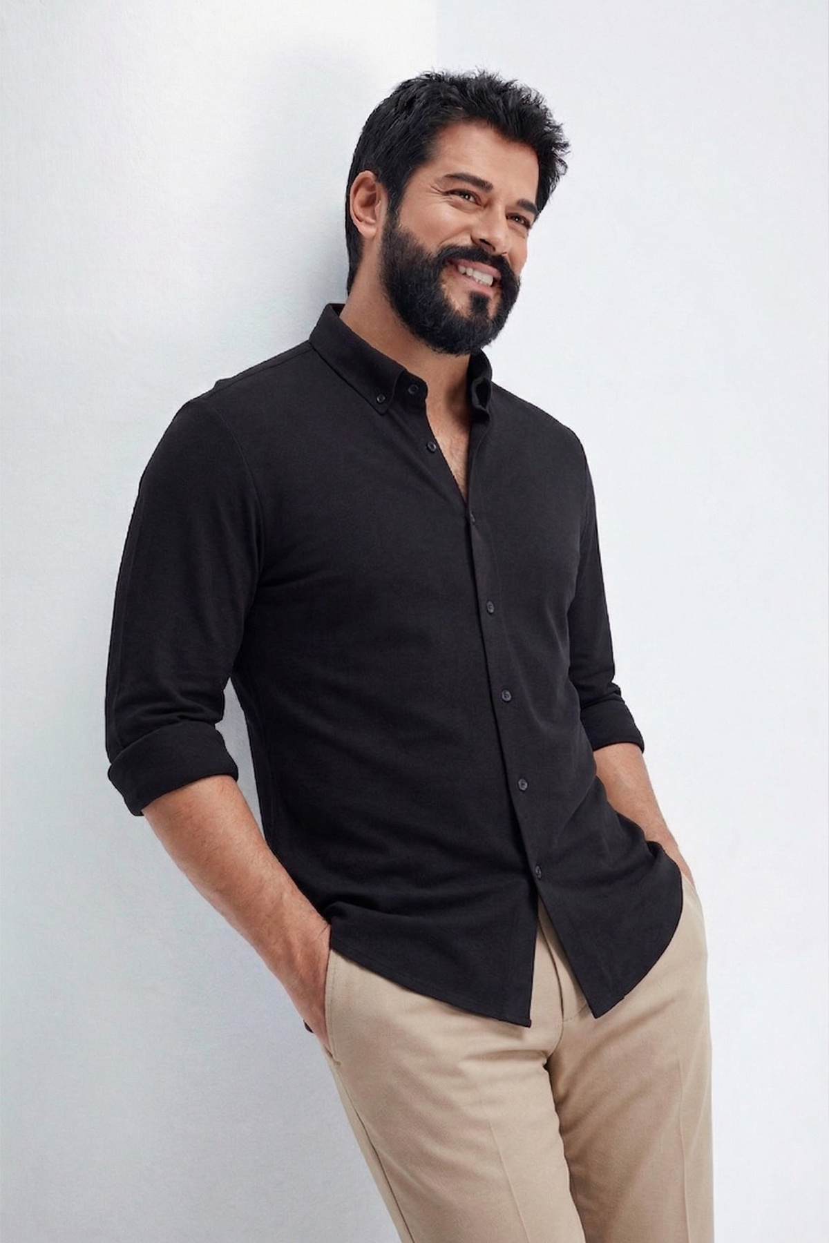 AC&Co / Altınyıldız Classics  Erkek Siyah Nefes Alabilir Esnek Pamuklu Tailored Slim Fit Dar Kesim Düğmeli Yaka Örme Gömlek