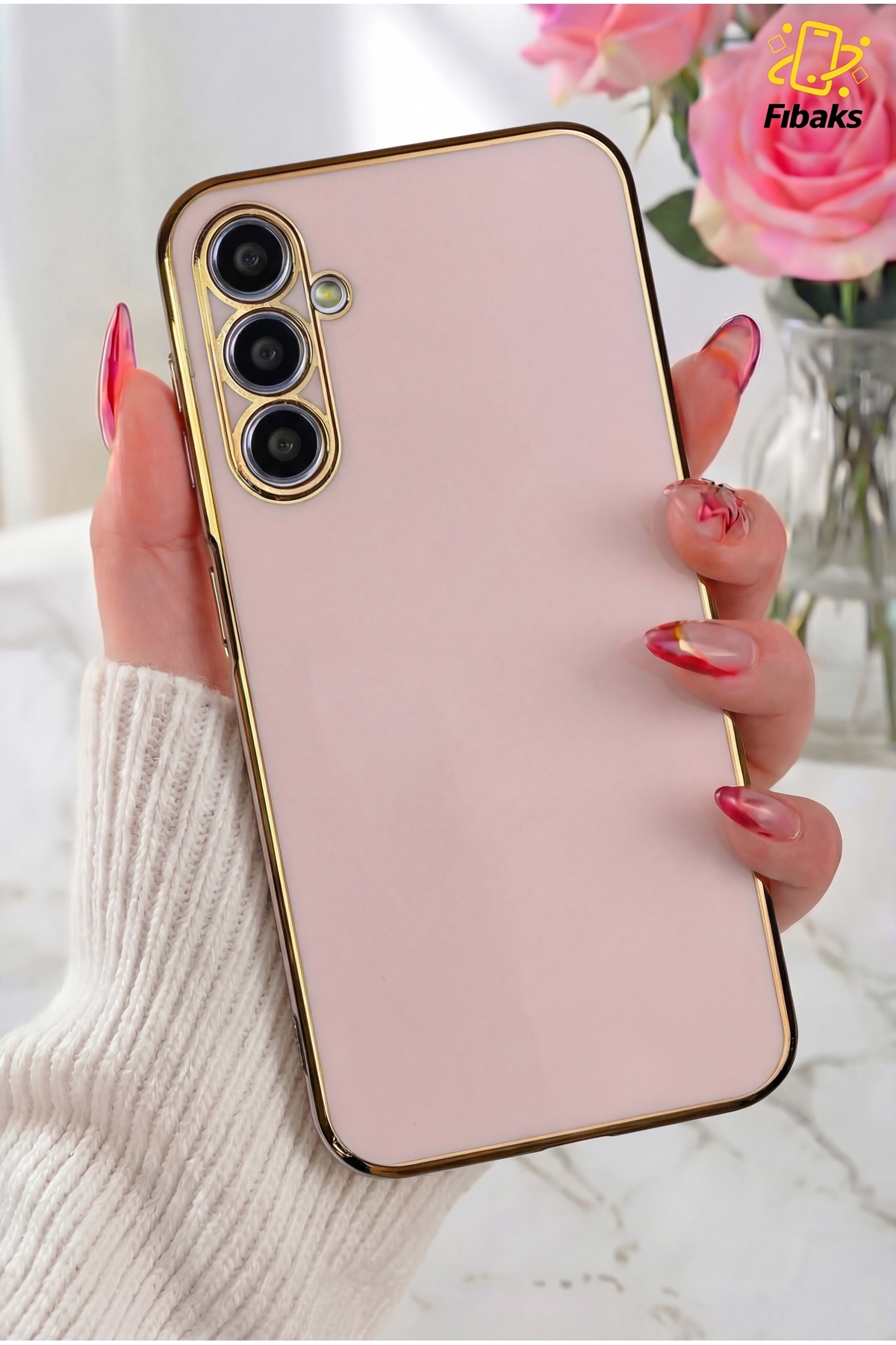 Galaxy A54 Case Gold Embroidered Camera Shielded Cover with Bright Edge Pink