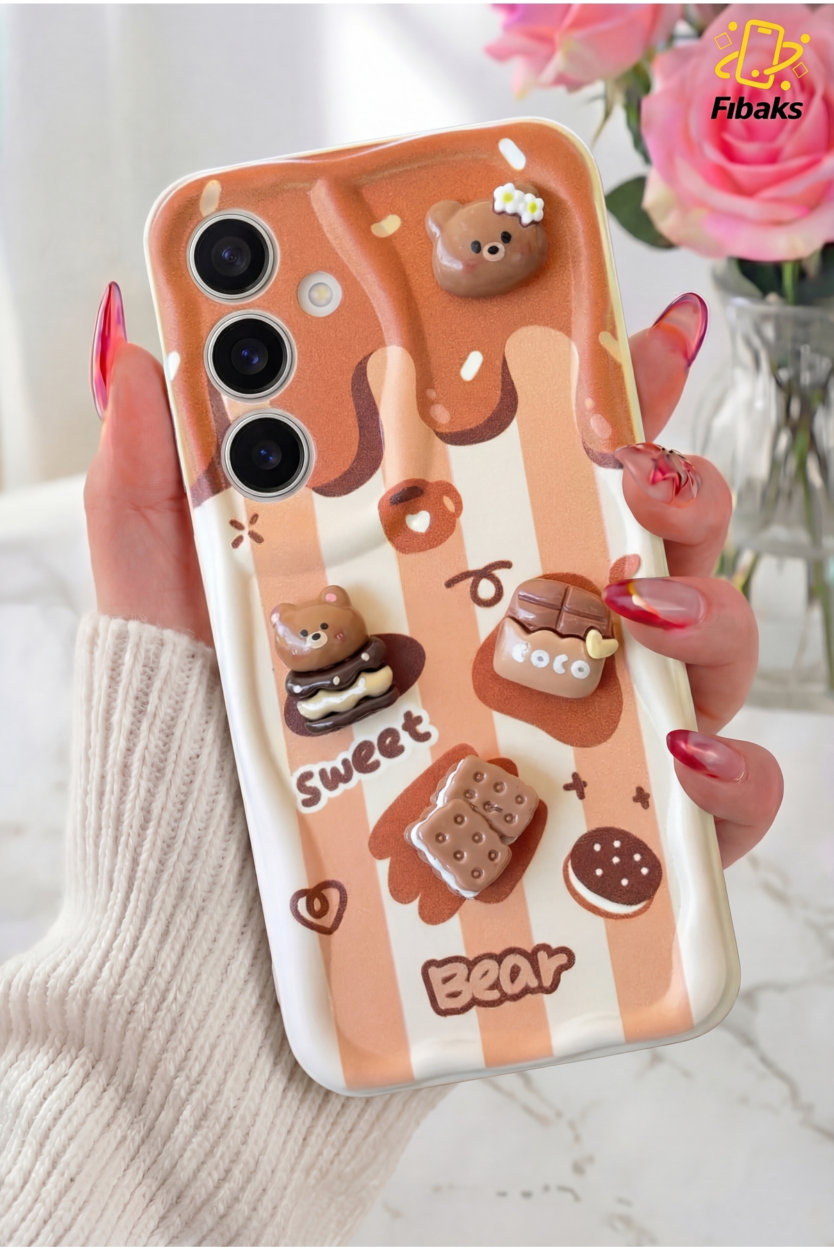 Galaxy A54 Case Camera Protected Teddy Bear Biscuit Pattern Colorful Cofffe Silicone Cover
