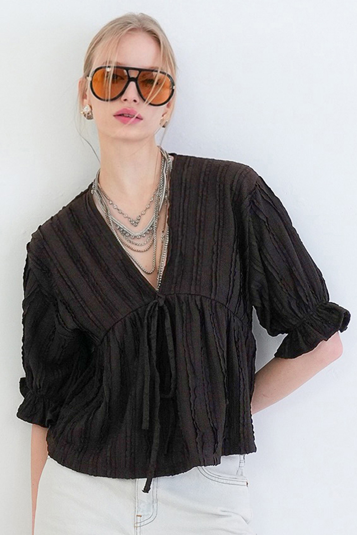 Bitter Brown V-Neck Trojan Sleeve Elastic Ruffle Fabric Blouse ALC-X15414