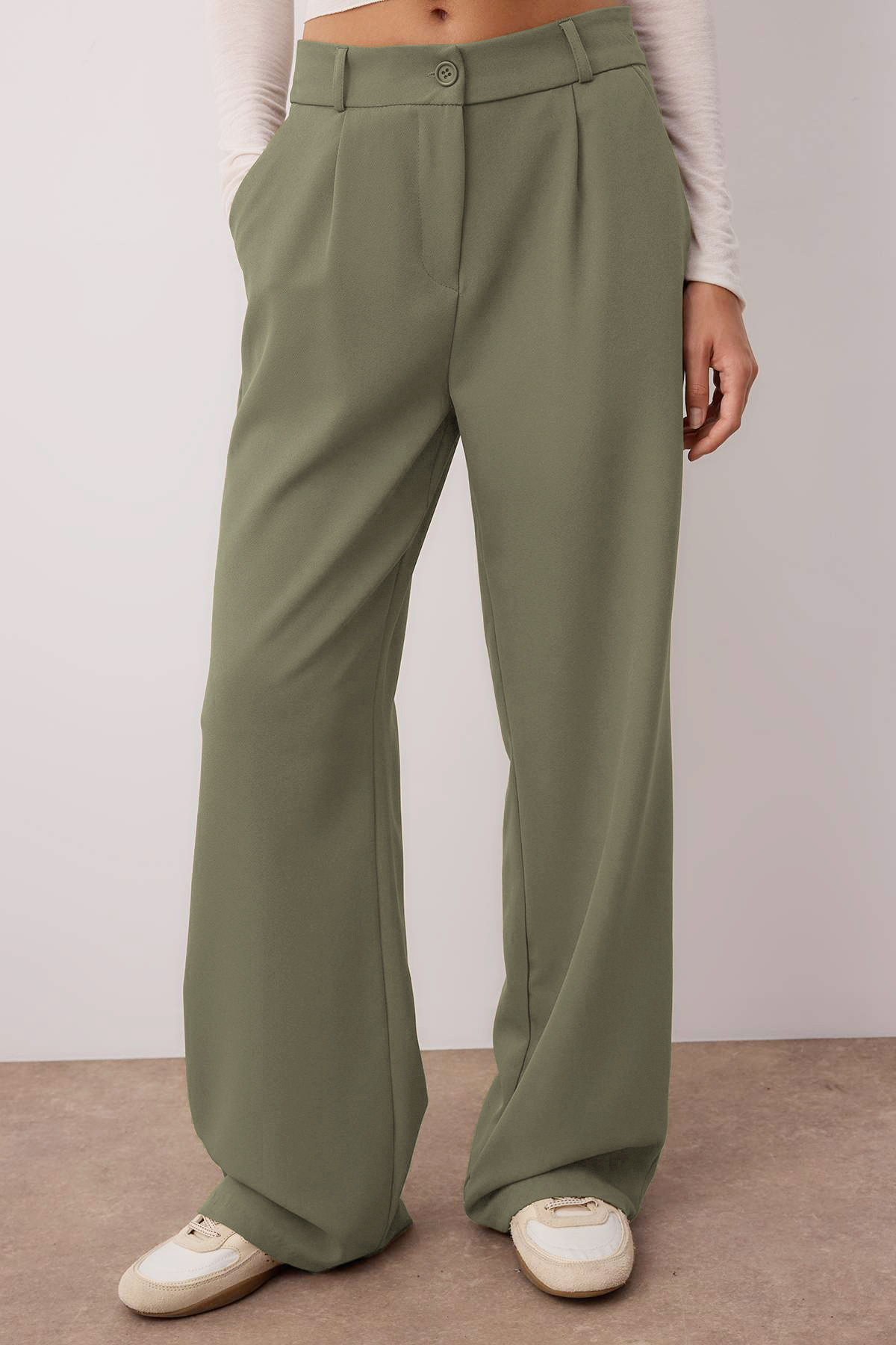 Trendyolmilla  Açık Haki Yüksek Bel Wide Leg/Geniş Paça Pilili Dokuma Kumaş Pantolon TWOAW21PL0076 - Görsel 4