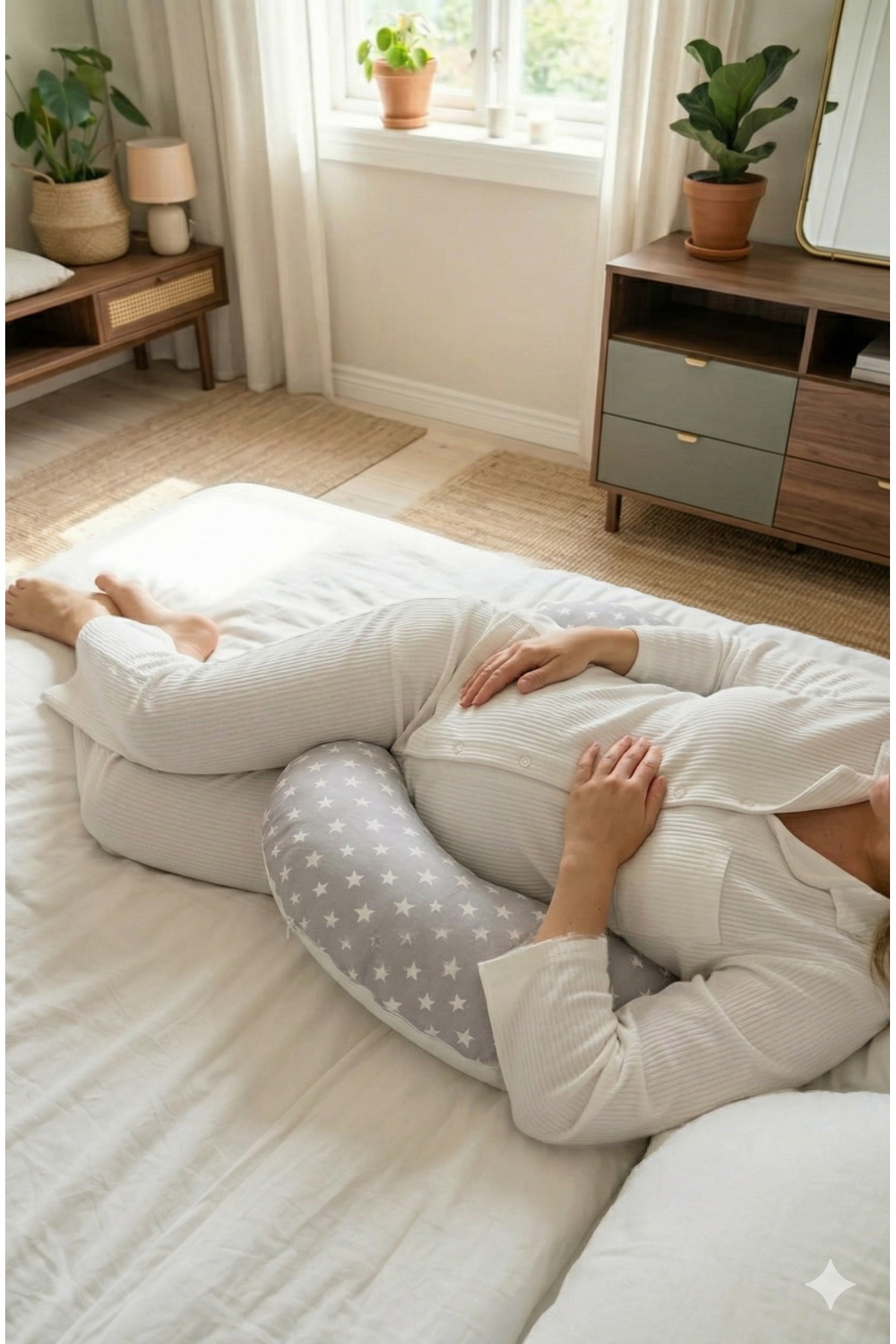 mordesign Çift Taraflı Emzirme Yastığı /bebek Destek Minderi, Hamile Yastığı, Pamuklu Kumaş, Stars Desen, Gri fotoğrafı 7 (önizleme)