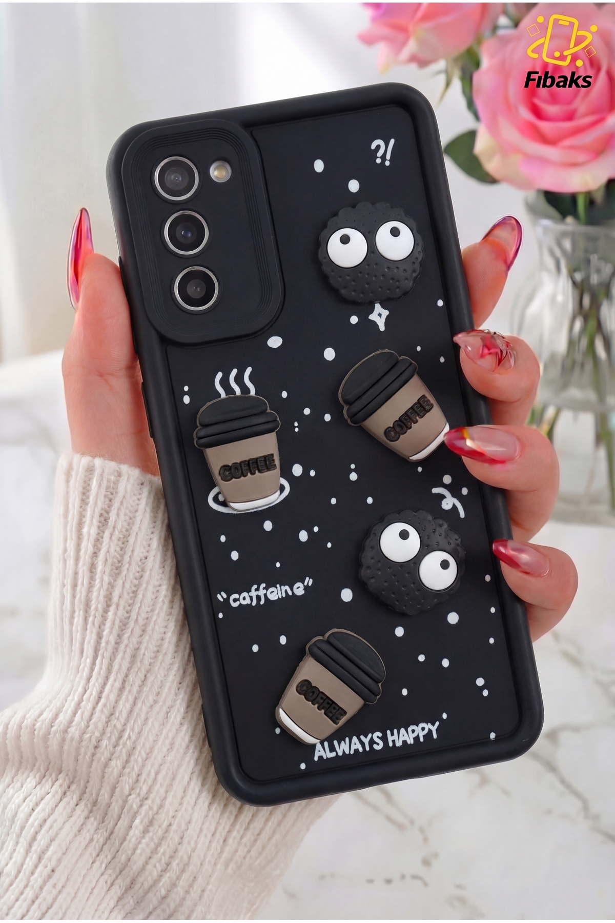 Galaxy S21 Fe Case Design Patterned Camera Protected Coffee Cookie Black Soft Silicone Cover