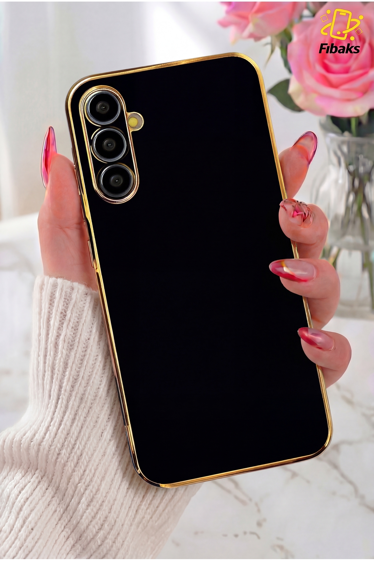 Galaxy S23 Case Shiny Edge Gold Embroidered Camera Protected Bark Cover Black