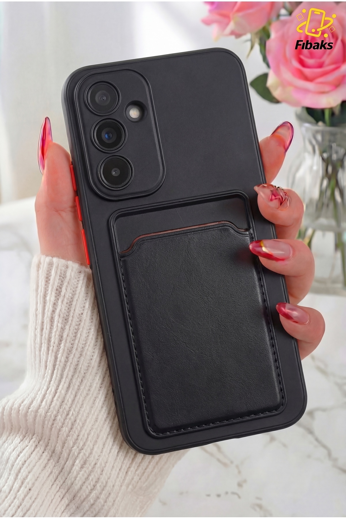 Galaxy A54 Black Silicone Cover with Red Keys and Wallet with Camera Protected Card Holder