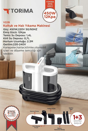 Torima Halı ve Koltuk Yıkama Cam Temizleme Leke Çıkartma Makinesi V22B Beyaz