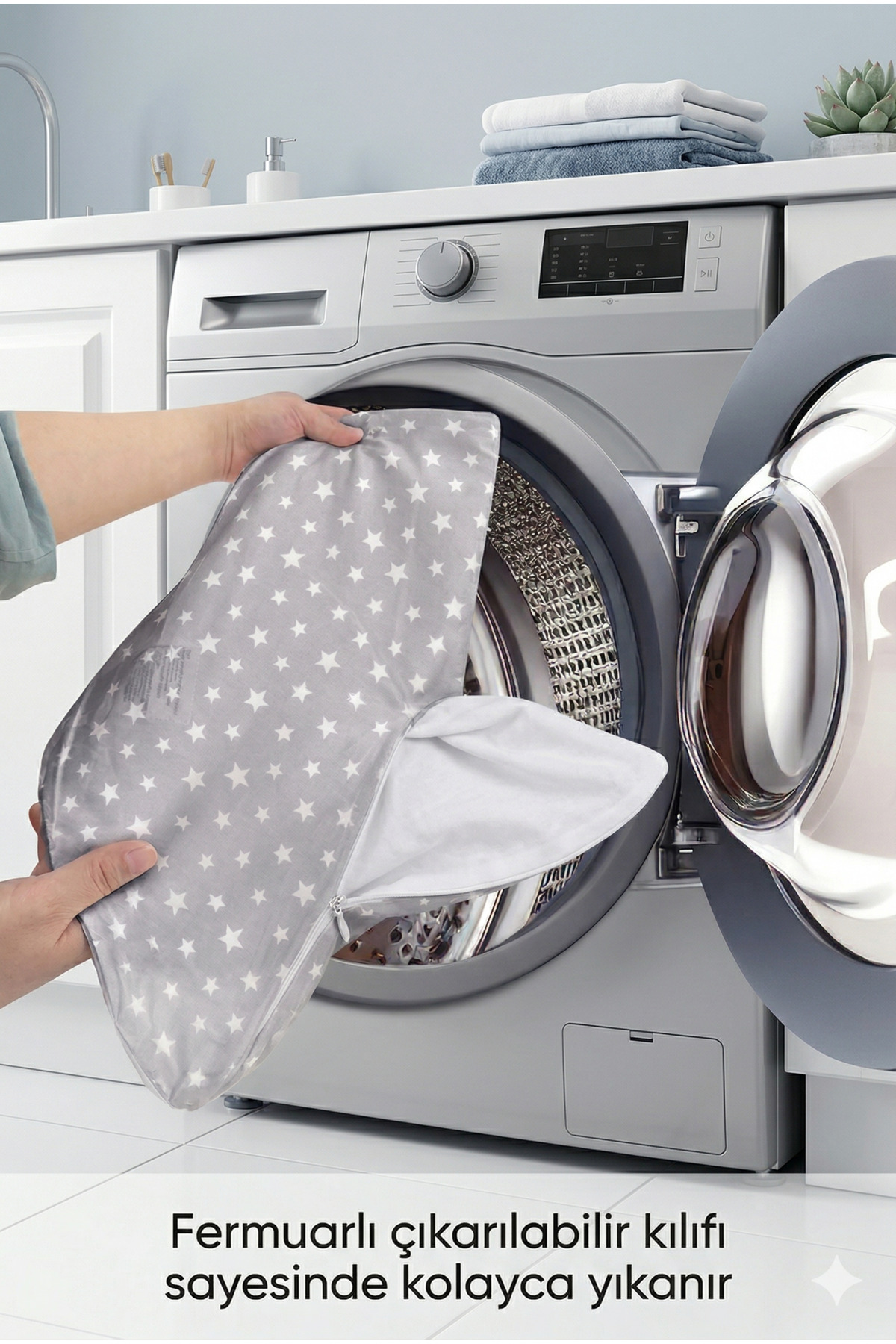 mordesign Çift Taraflı Emzirme Yastığı /bebek Destek Minderi, Hamile Yastığı, Pamuklu Kumaş, Stars Desen, Gri fotoğrafı 5 (önizleme)