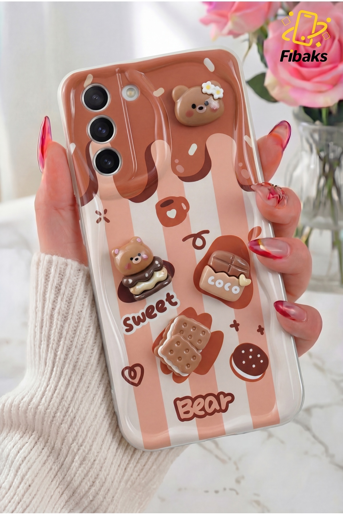 Galaxy S21 Fe Case Design Patterned Camera Protected Bear Biscuit Colorful Cofffe Silicone Cover