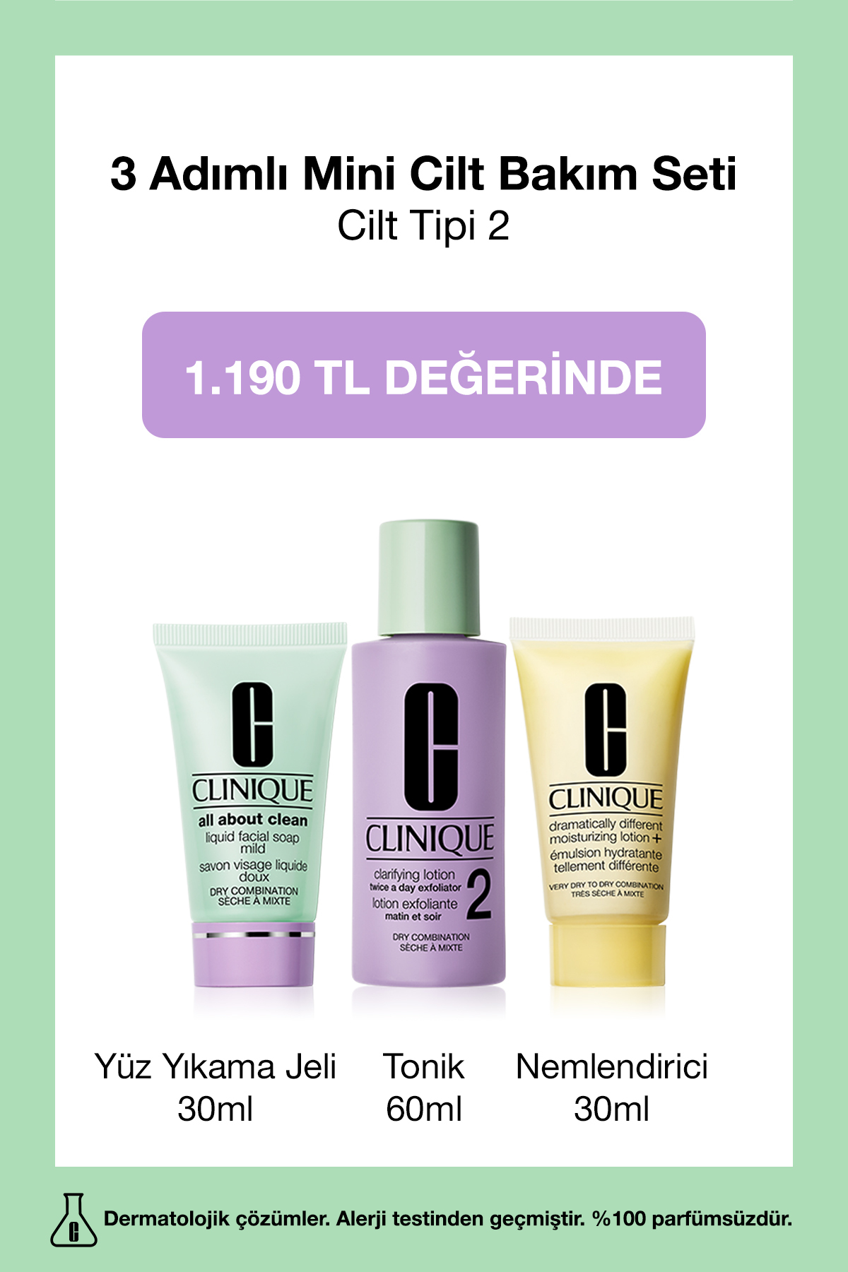 Clinique 3 Adımlı Cilt Bakım Seti - Cilt Tipi 2 Kuru/Karma | Yıkama Jeli 30ml, Tonik 60ml, Nemlendirici 30ml — 141350