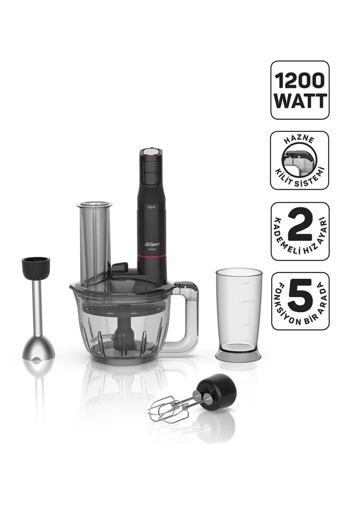 AR1149 Proart Multi Blender Set 1200W, 5 Function Chopper and Grater, Black