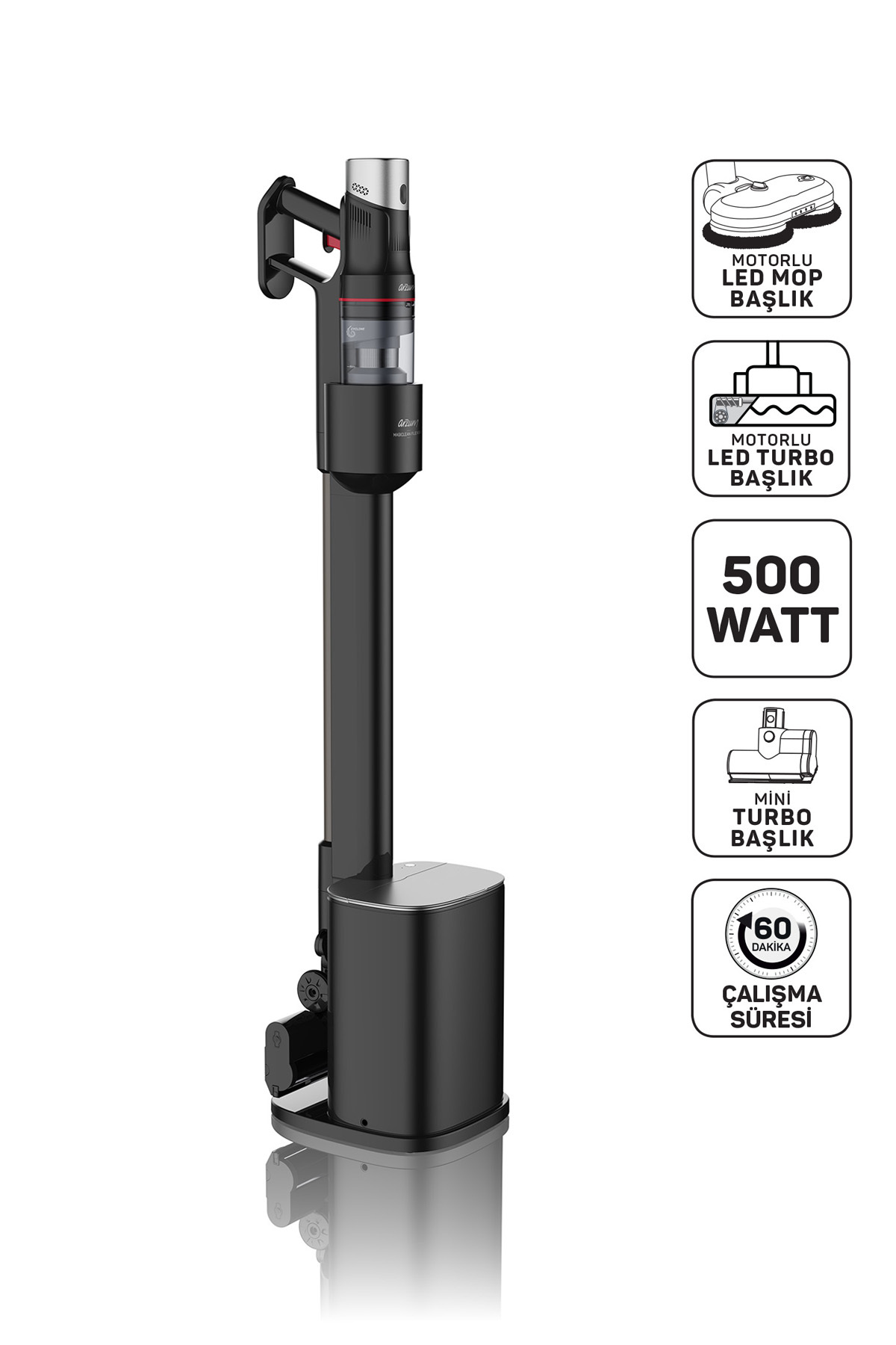 AR4211 Vertical Rechargeable Vacuum Cleaner with MagiClean FlexBin Station 500W, BLDC Motor, Black