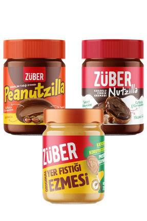 Züber Peanutzilla 315g + Nutzilla 315g + Original Yer Fıstığı Ezmesi 315g