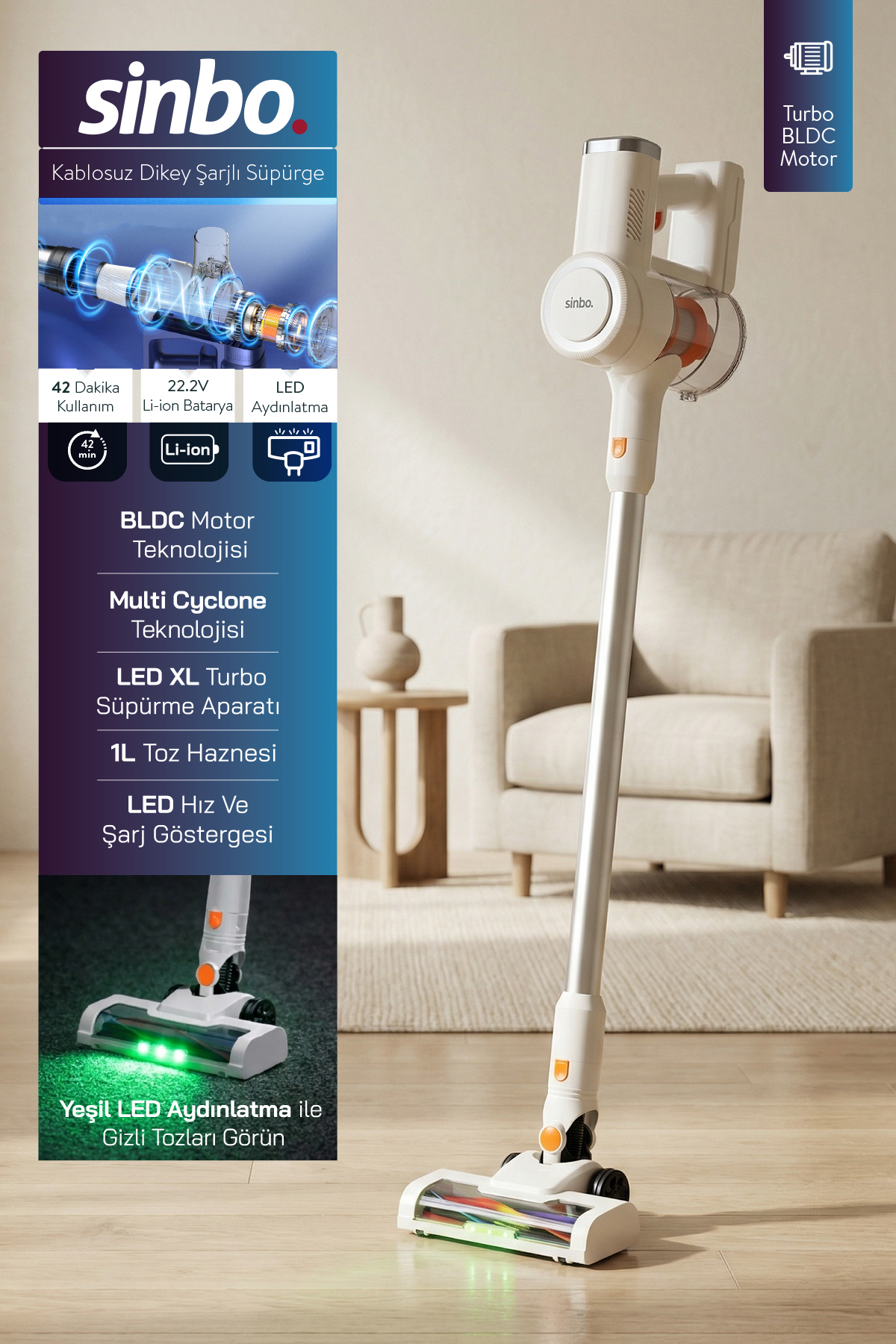 SVC-8636Wireless Vertical Rechargeable Vacuum Cleaner 2200mAh Li-ion Battery BLDC Motor Green LED Light