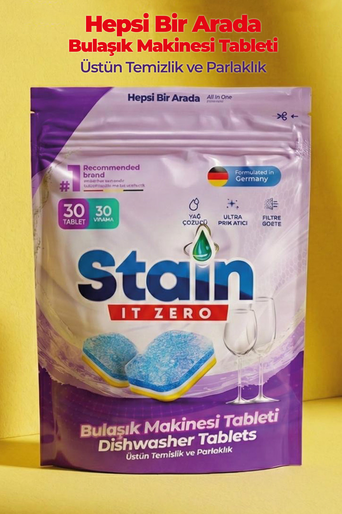 Stain İt Zero Hepsi Bir Arada Bulaşık Makinesi Tableti & Güçlü Temizlik Üstün Parlaklık- 30 Yıkama