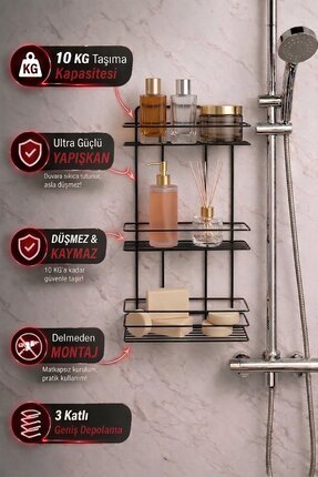 Sas Haus 3 Katlı Siyah Yapışkanlı Banyo Rafı, Şampuanlık Duş Düzenleyici, Met...