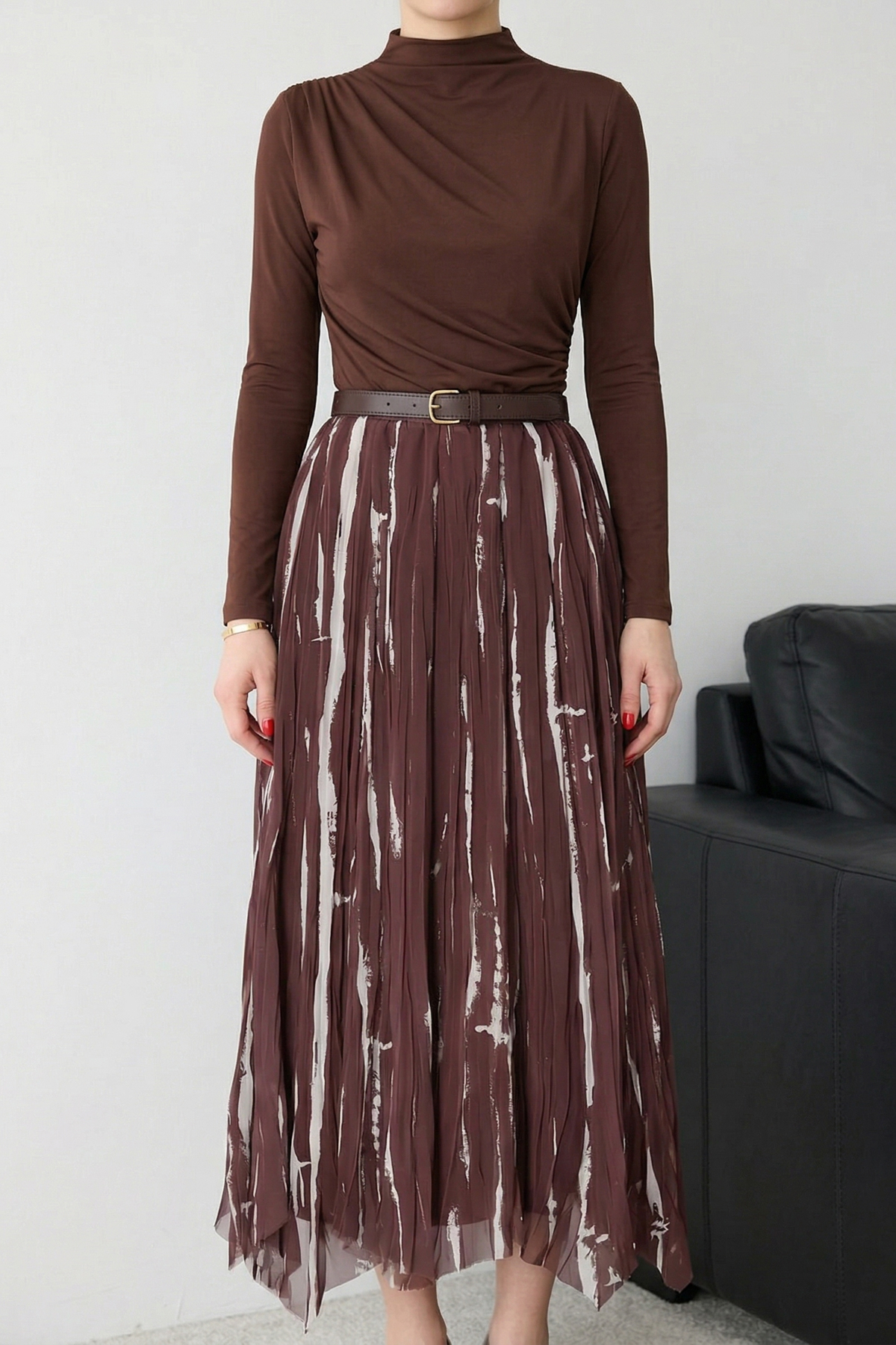 Trendyolmilla  Kahverengi Kemerli Astarlı Desenli Şifon Etek TCTSS26EE00030 - Görsel 4