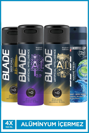 Blade Erkek Deodorant (Artificial Intelligence, Deep Chill, Marine Fresh) 4x1...