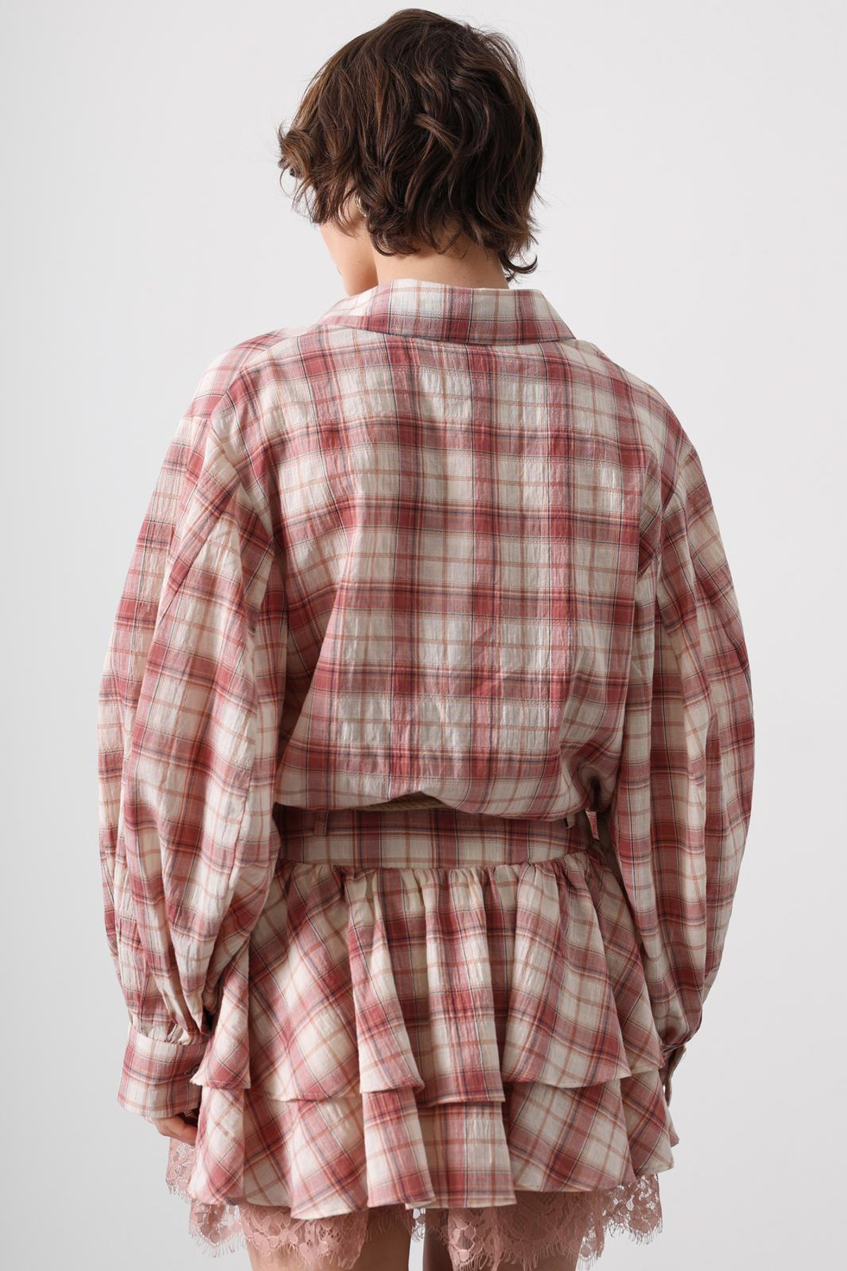 Trendyolmilla  Pembe Ekoseli Gömlek Kemerli Dantelli Etek Dokuma Alt - Üst Takım TWOSS26AU00168 - Görsel 9