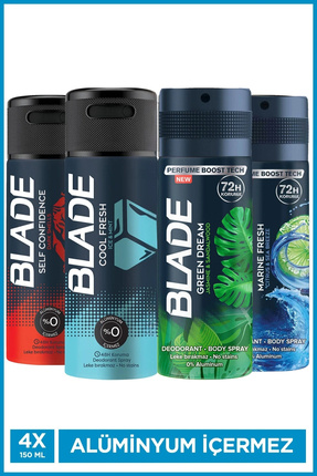 Blade Erkek Deodorant 4x150 Ml (Cool,Marine,Self Confidence,Green Dream) Hızl...