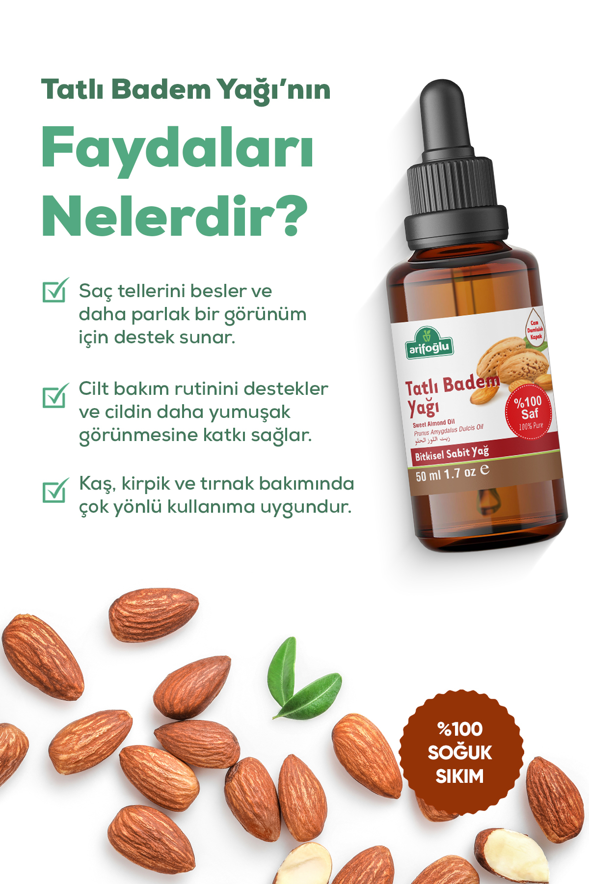 Badem Yağı Tatlı 50ml %100 Saf Tatlı Badem Yağı — 600 14 011 — تصویر 2 از 7