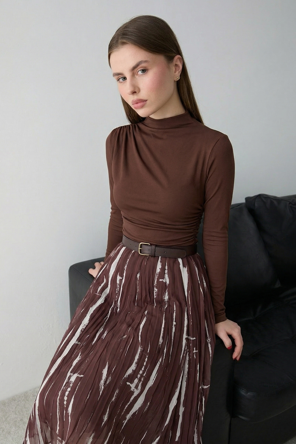 Trendyolmilla  Kahverengi Kemerli Astarlı Desenli Şifon Etek TCTSS26EE00030 - Görsel 2