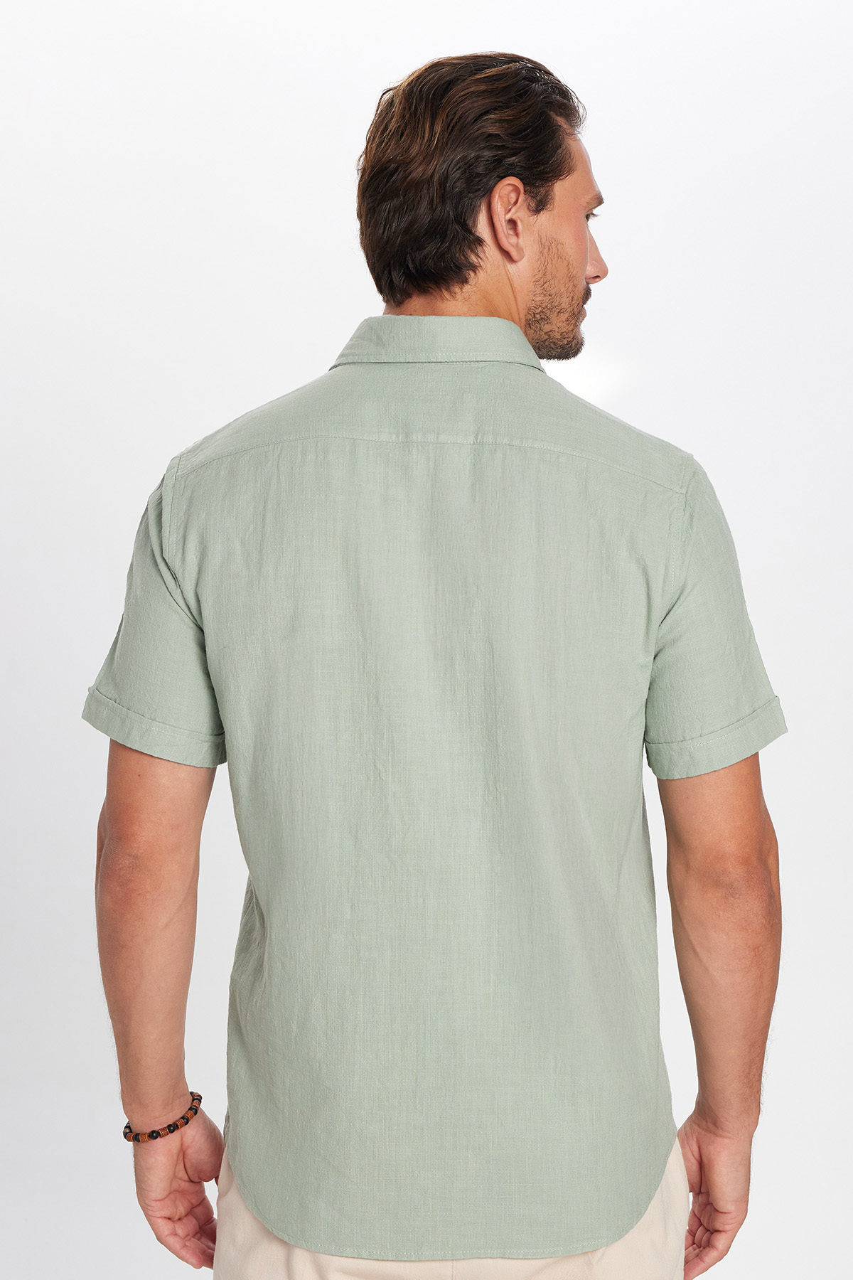 Tudors  Erkek Regular Fit Klasik Kesim Oversize %100 Pamuk Keten Doku Cepli Yeşil Gömlek - Görsel 7