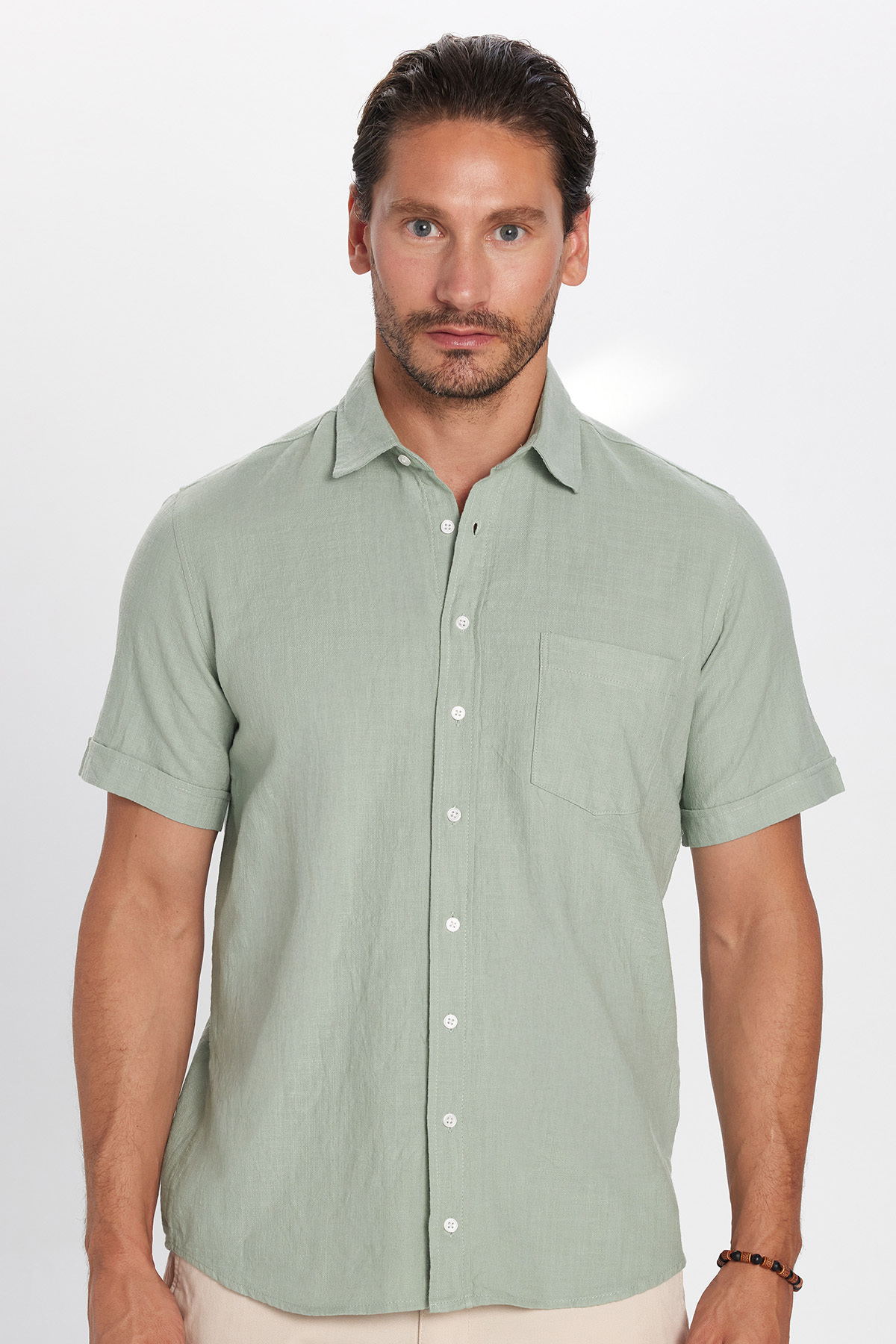 Tudors  Erkek Regular Fit Klasik Kesim Oversize %100 Pamuk Keten Doku Cepli Yeşil Gömlek - Görsel 5