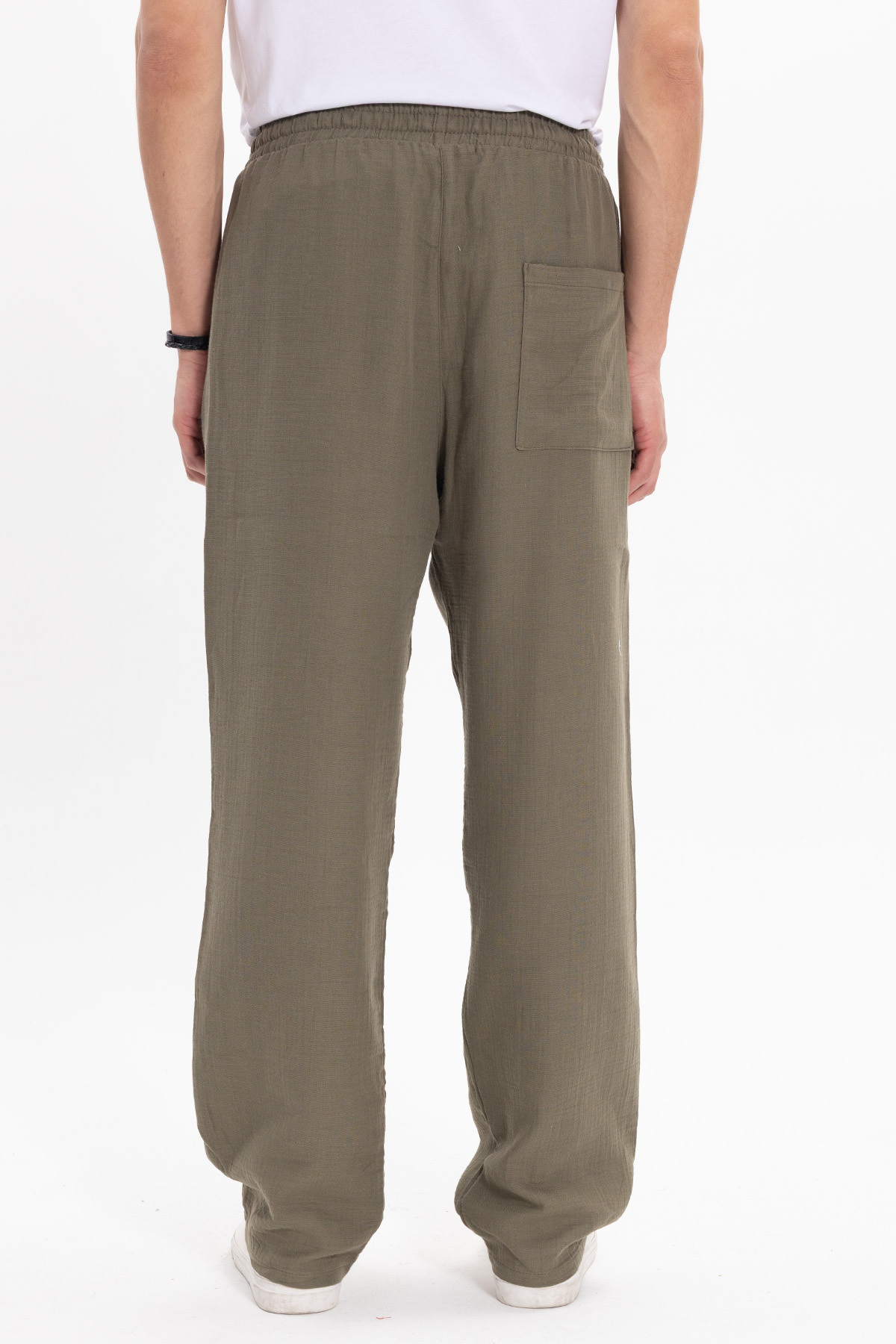 Tudors  Erkek Baggy Fit Geniş Kesim %100 Pamuk Beli Lastikli Yandan Cepli Müslin Haki Düz Pantolon - Görsel 7