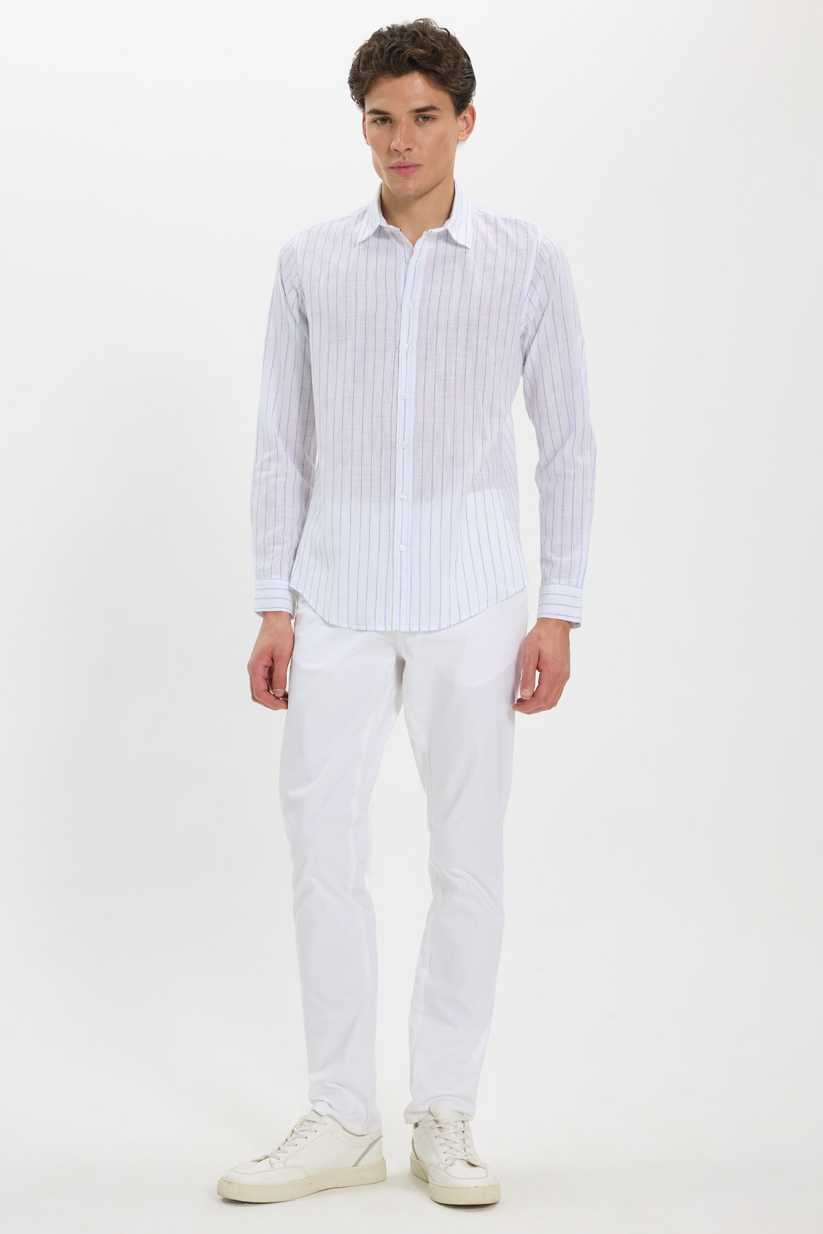 پیراهن تودورز مردانه کتان پنبه ای آبی بیسیک راه راه Slim Fit/اسلیم فیت    بیسیک کژوال/روزمره | Tudors DR240048-2045 TR - تصویر 2