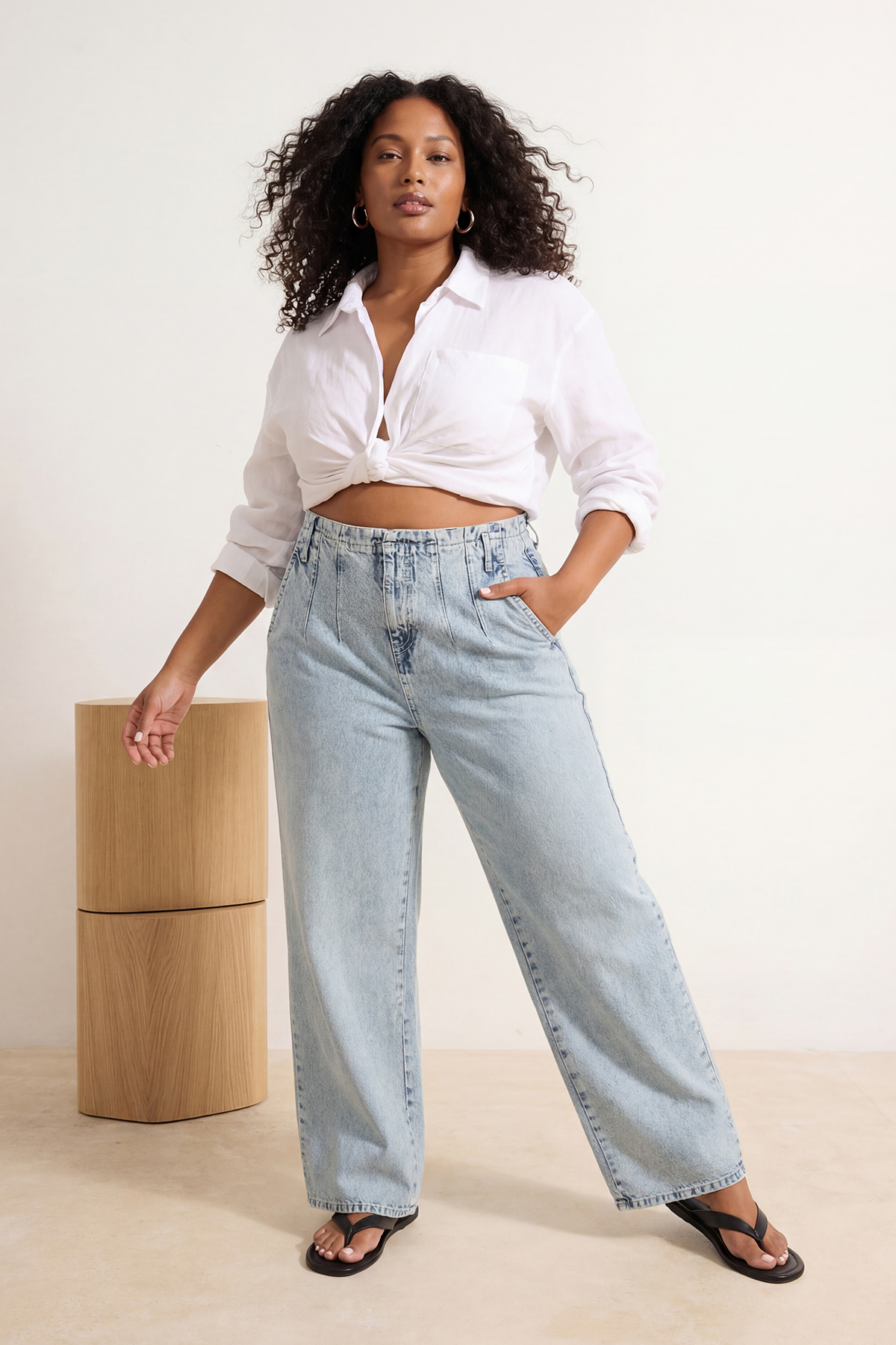 Trendyolmilla Curve Açık Mavi Yüksek Bel Pens Detaylı %100 Pamuk Non-Stretch Wide Leg/Geniş Paça Jeans TBBSS26CJ00034