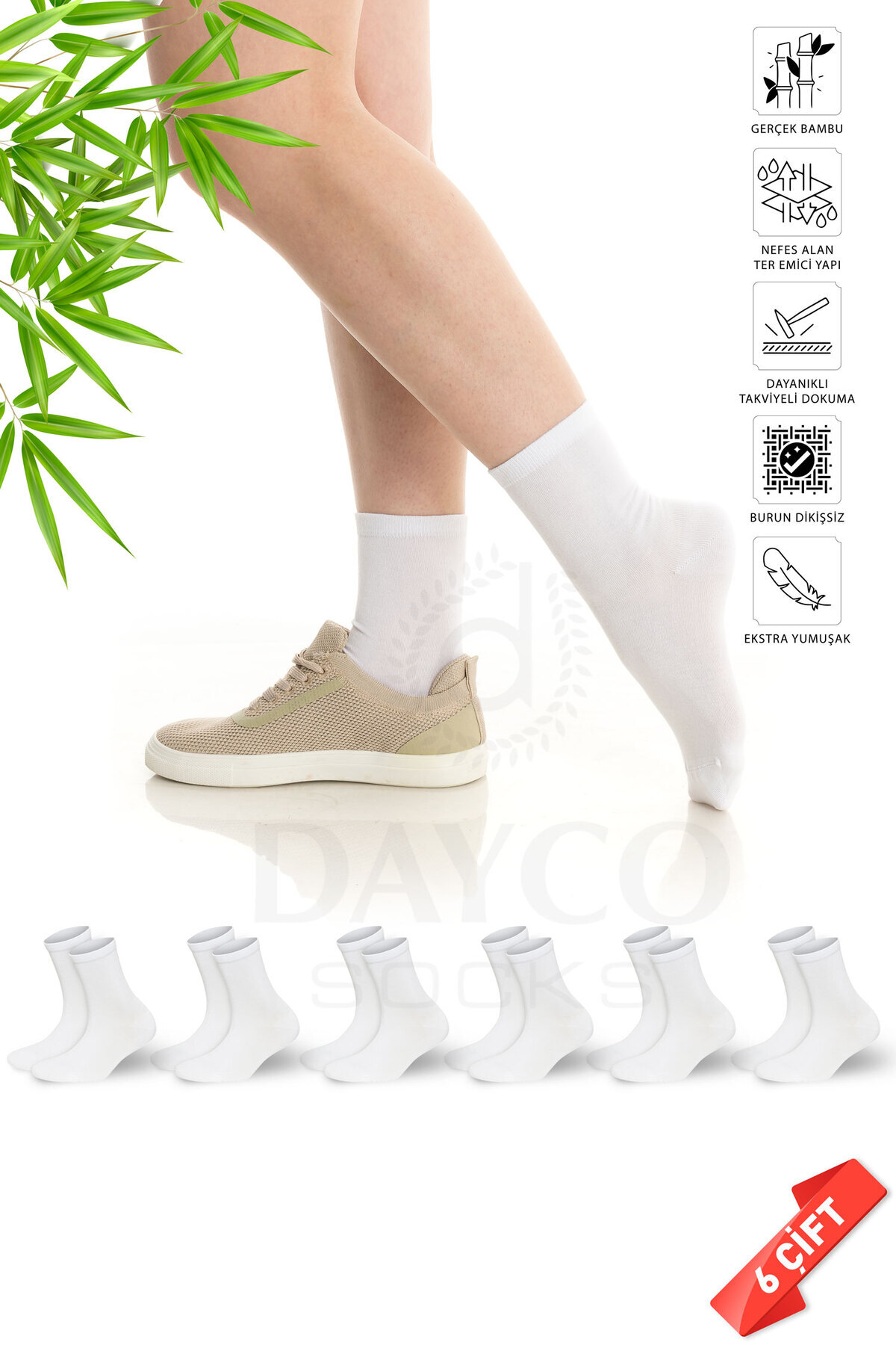 Premium Toe Seamless Women's White Bamboo Socket Socks 6-Piece Set - 36-40 - 350BYZ