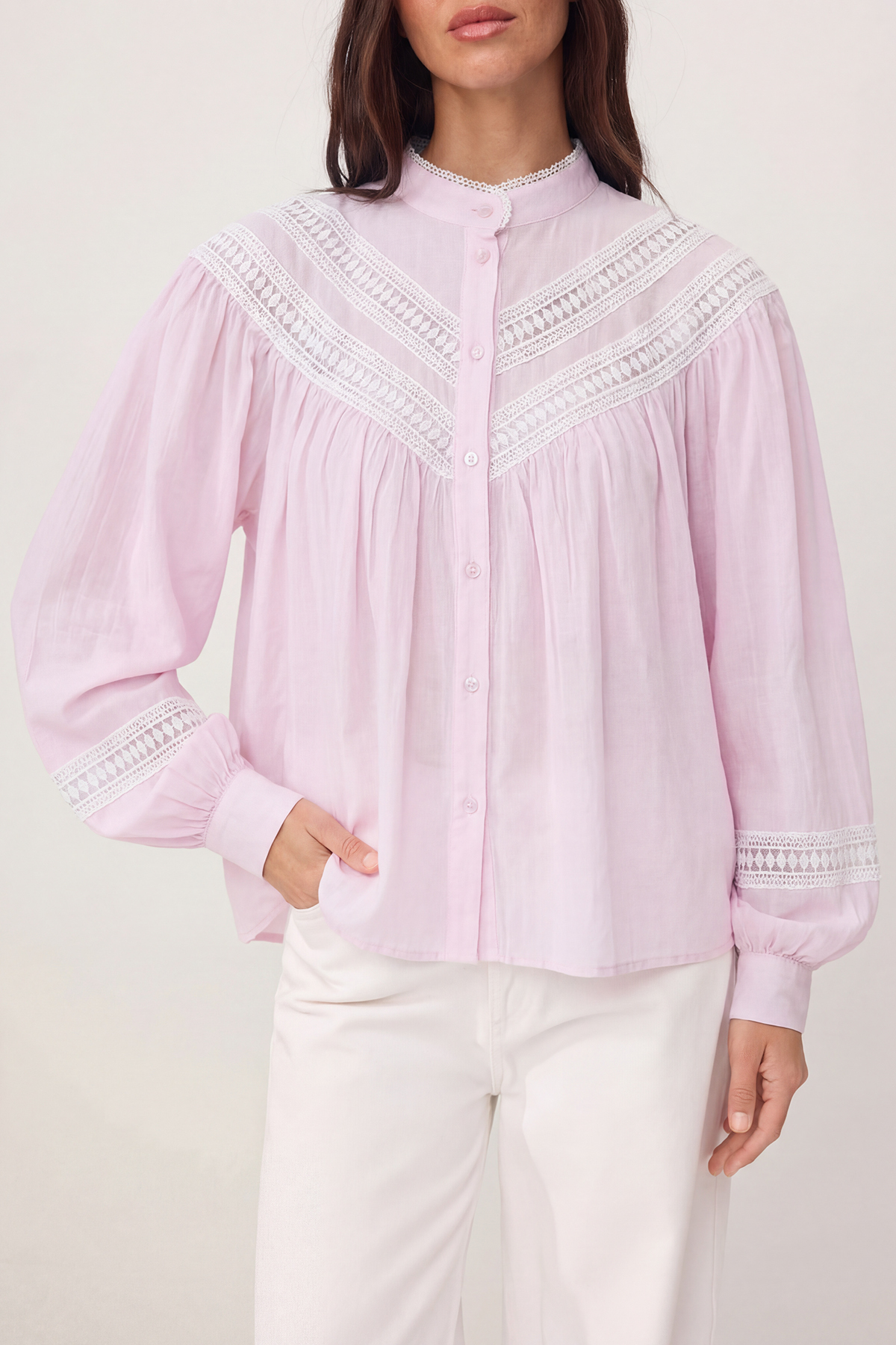 Trendyolmilla  Pembe Dantel Detaylı Geniş Kalıp Bohem Gömlek TWOSS26GO00179 - Görsel 7