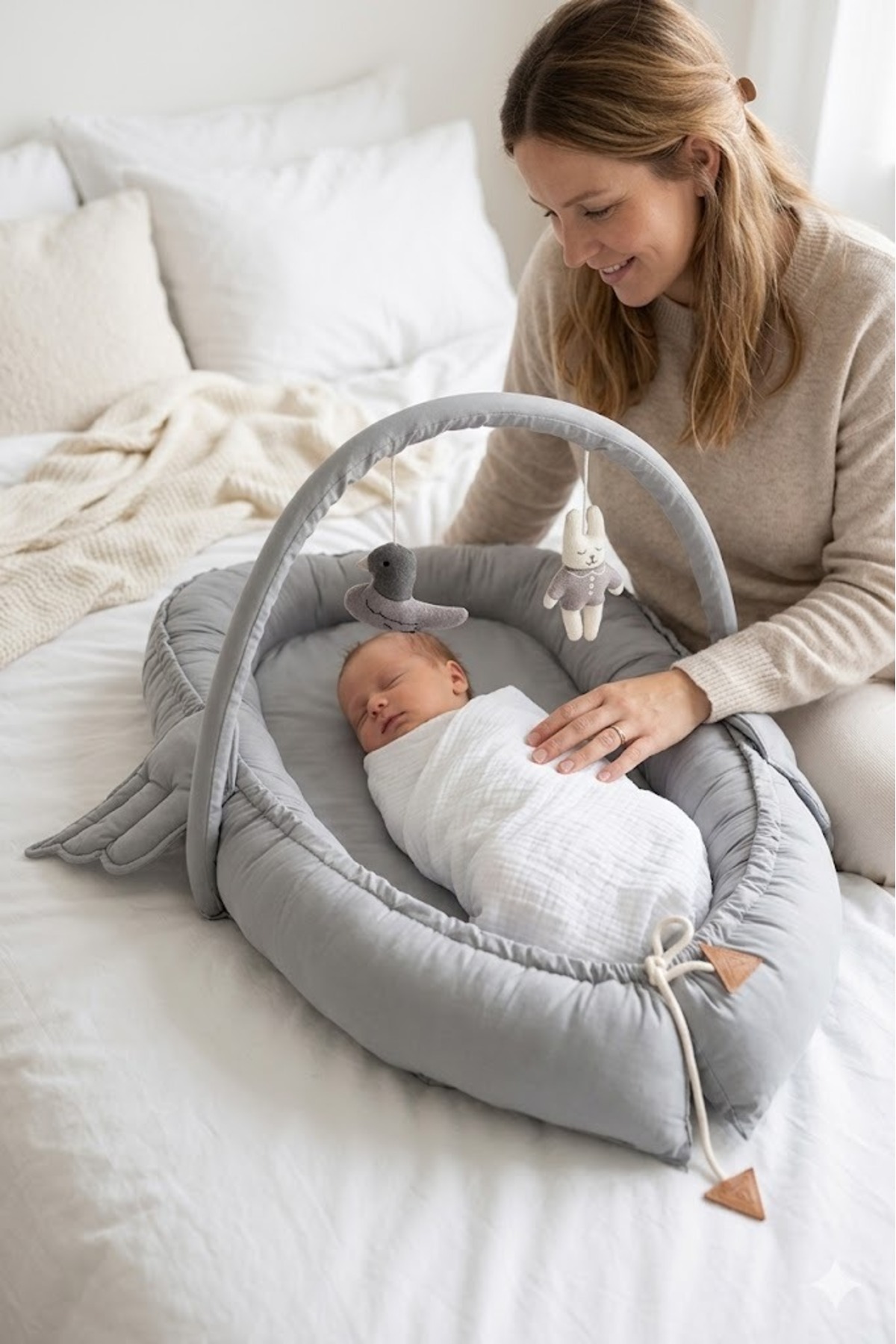 Babynest Baby Bed with Angel Wings -gray, my first Bed, Baby Nest with Toy Bar