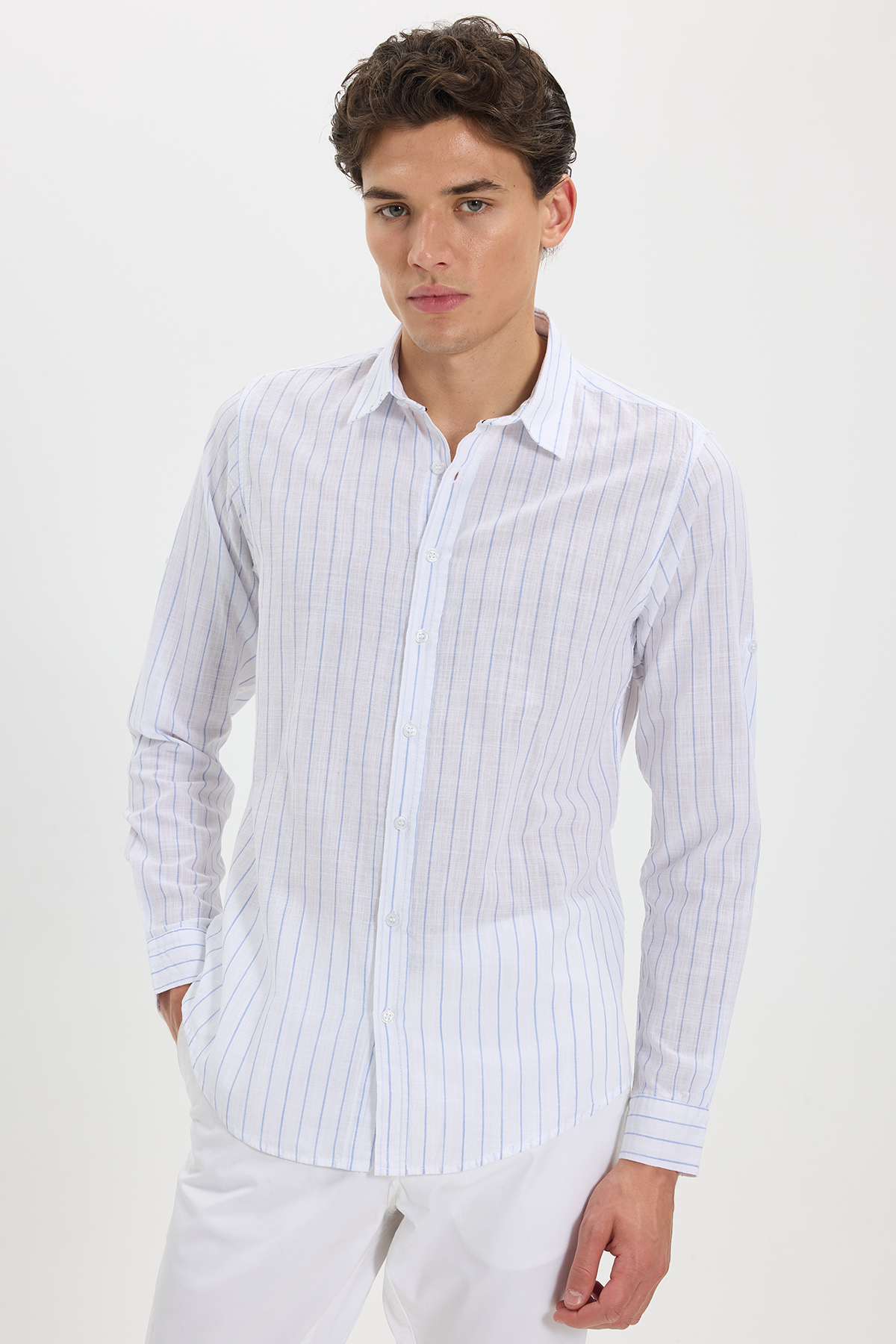 پیراهن تودورز مردانه کتان پنبه ای آبی بیسیک راه راه Slim Fit/اسلیم فیت    بیسیک کژوال/روزمره | Tudors DR240048-2045 TR - تصویر 3