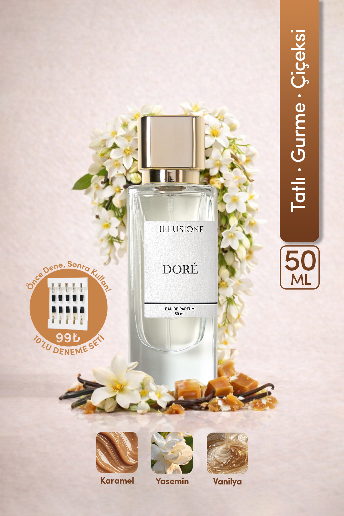 ILLUSIONE FRAGRANCE Doré EDP Kadın Parfüm 50ml | Tatlı-Gurme-Çiçeksi | Karamel, Yasemin, Vanilya - Fiyatı, Yorumları