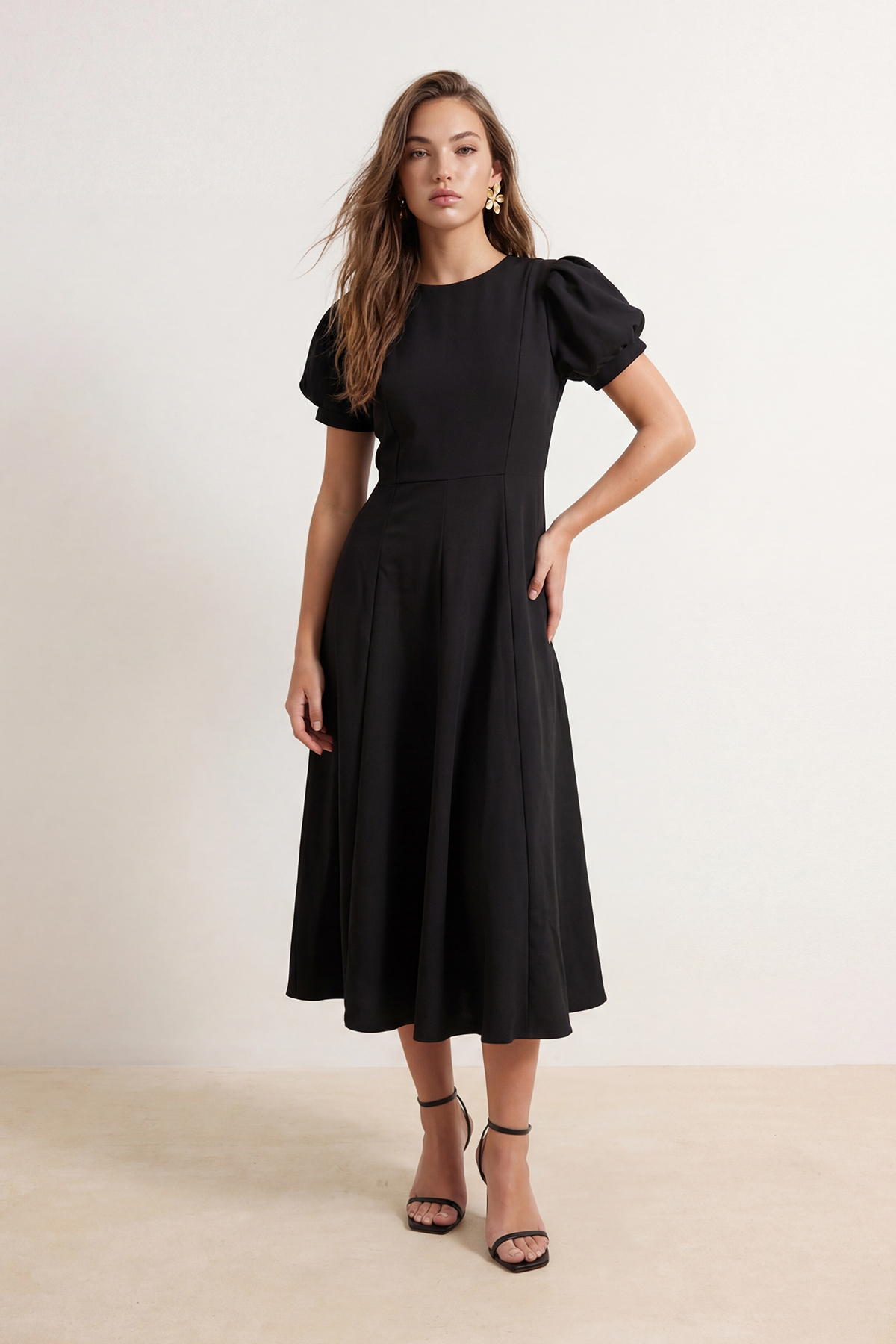 Trendyolmilla  Siyah Prenses Kol Midi Dokuma Elbise TWOSS26EL00892